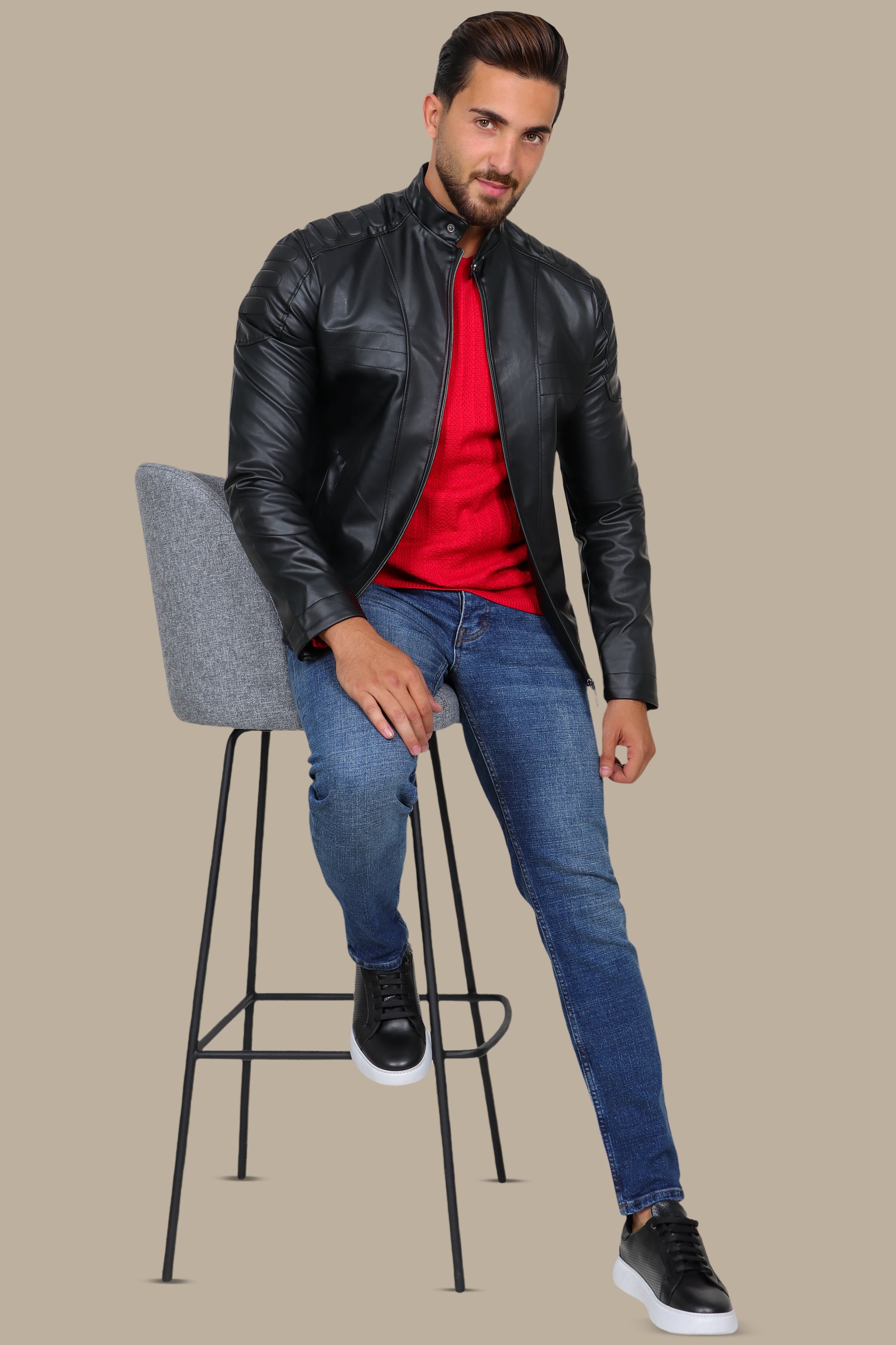 Sleek Sophistication: Black Faux Leather Biker Jacket with Mao Collar