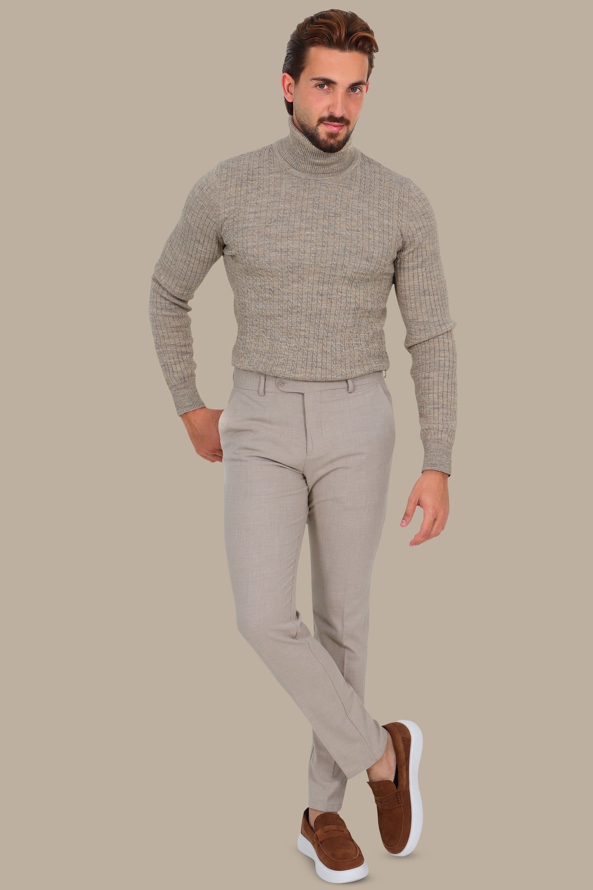Turtleneck Sweater Braided Vertical Beige
