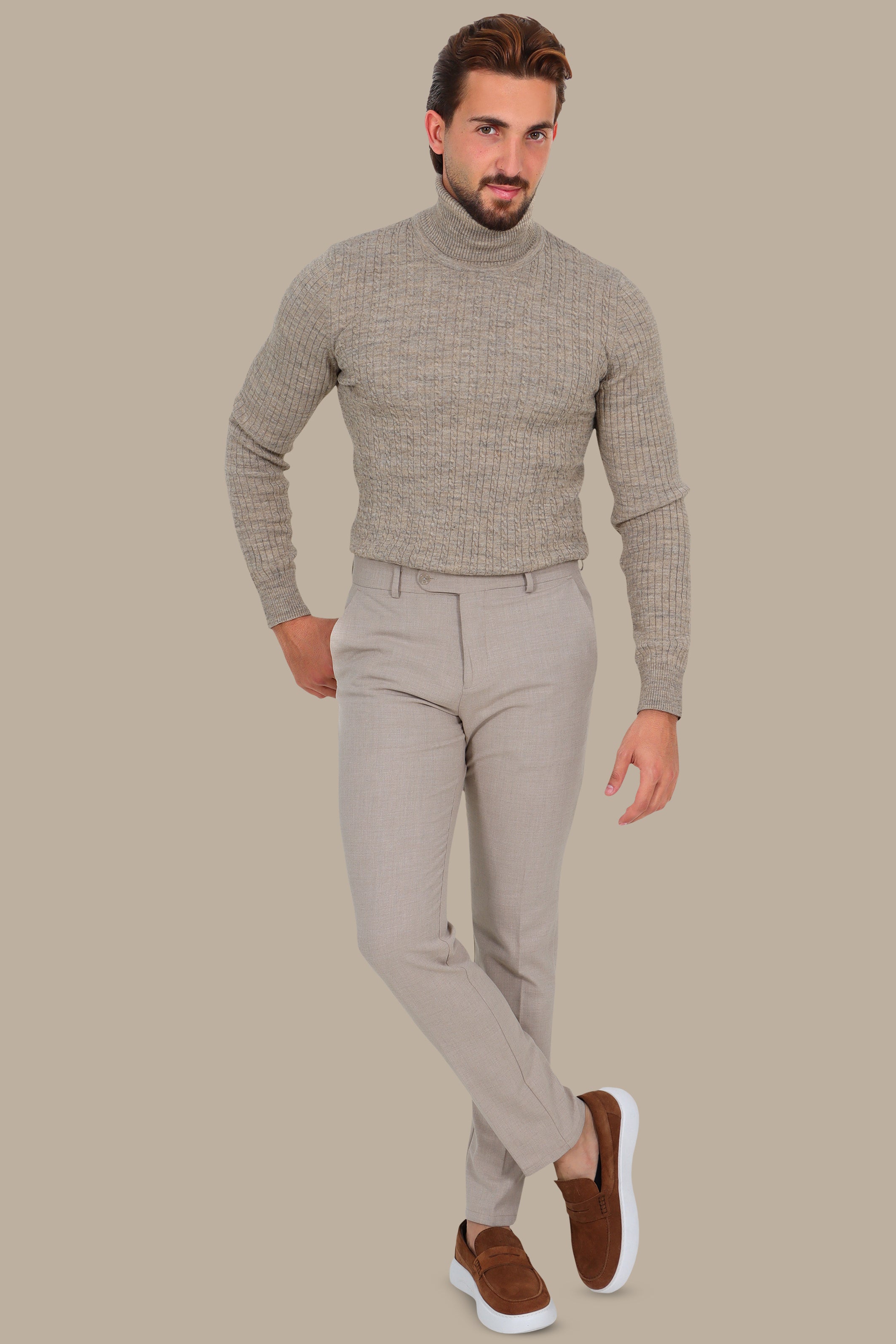 Turtleneck Sweater Braided Vertical Beige