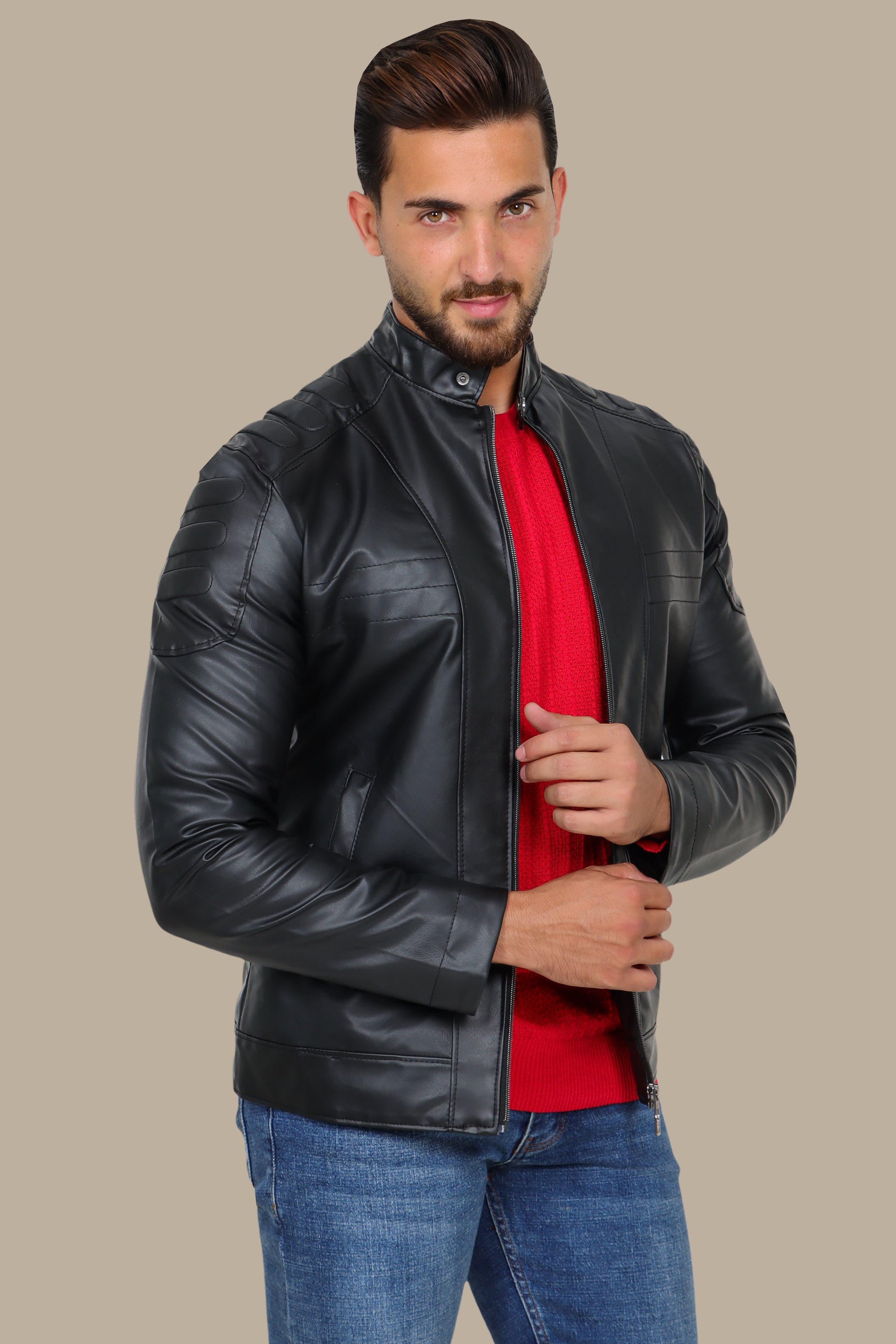 Sleek Sophistication: Black Faux Leather Biker Jacket with Mao Collar