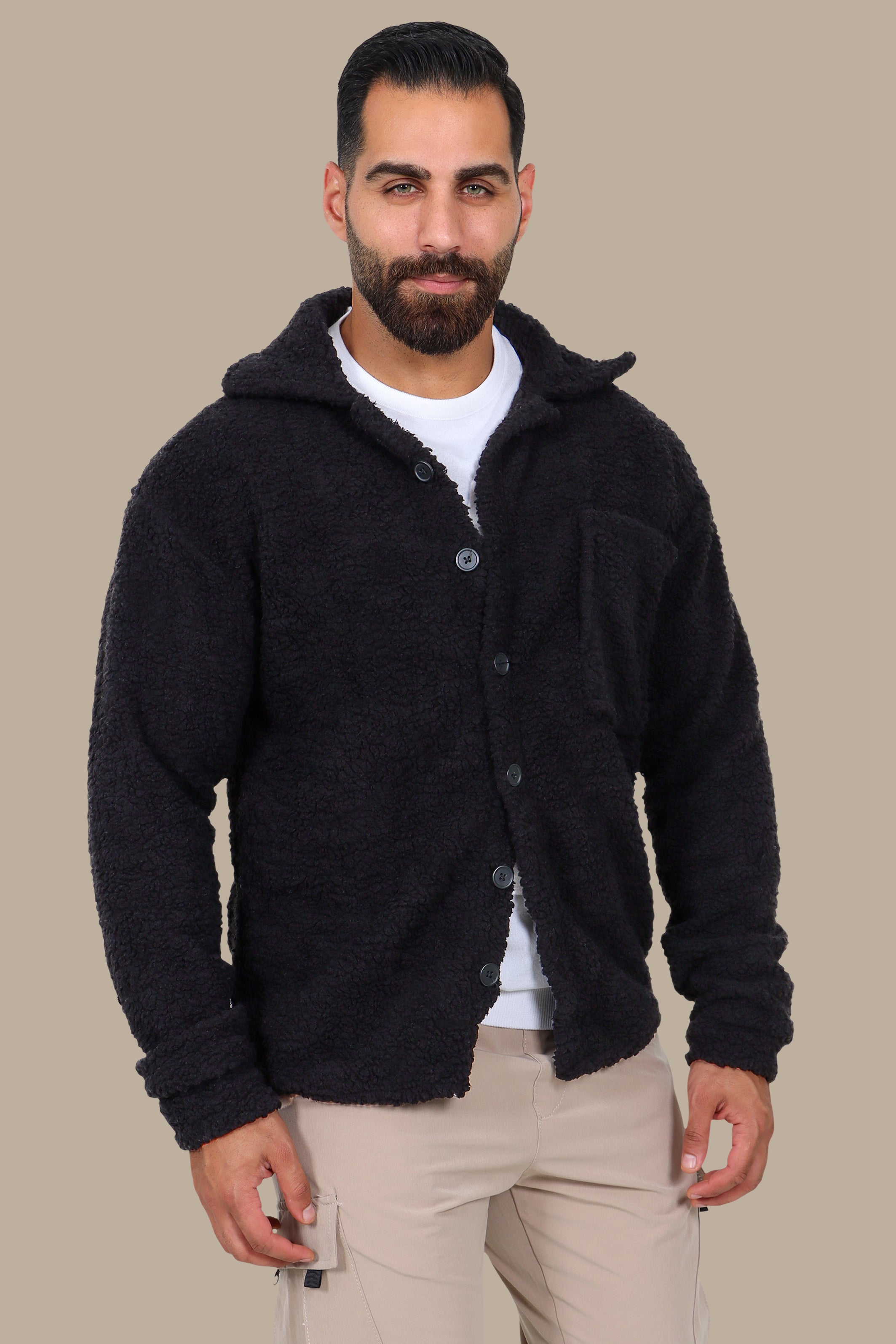 Black Teddy-Lamp Buttoned Cardigan