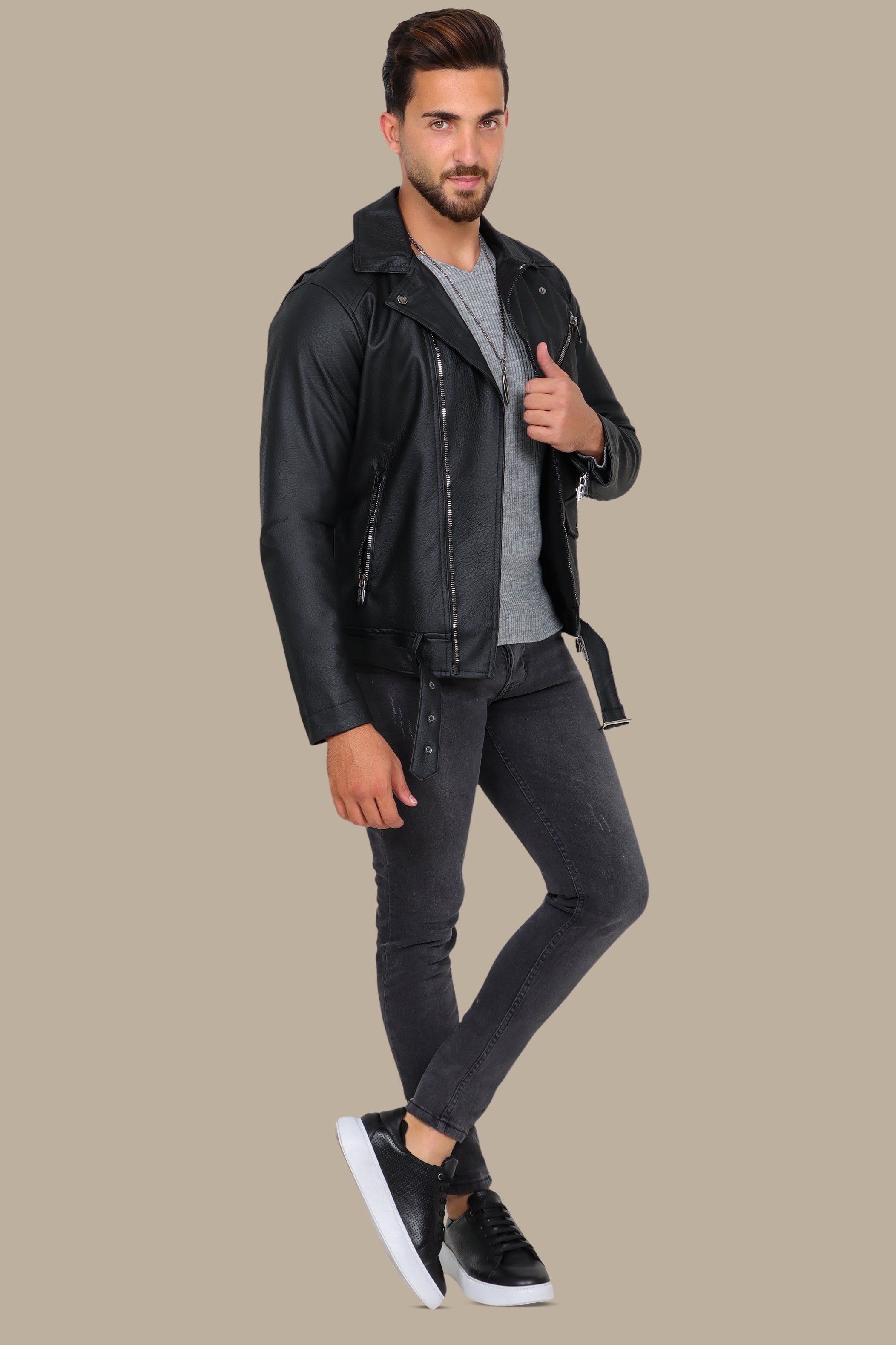 Sleek and Stylish: Faux Leather Biker Jacket with Wide Collar in Structured Black