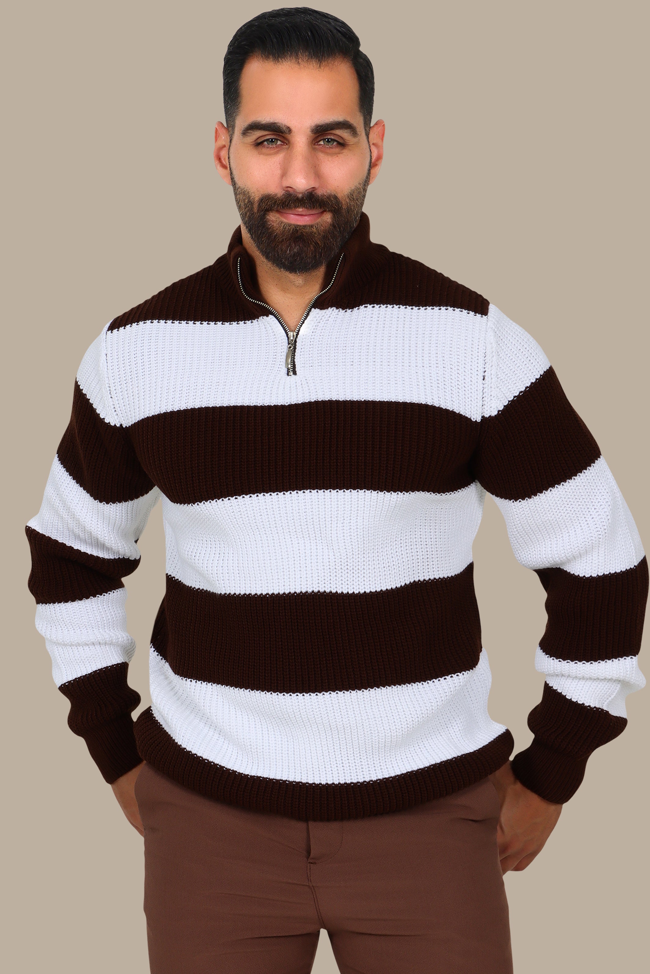 Brown Mercerized Half-Zip Sweater with Wide Stripes