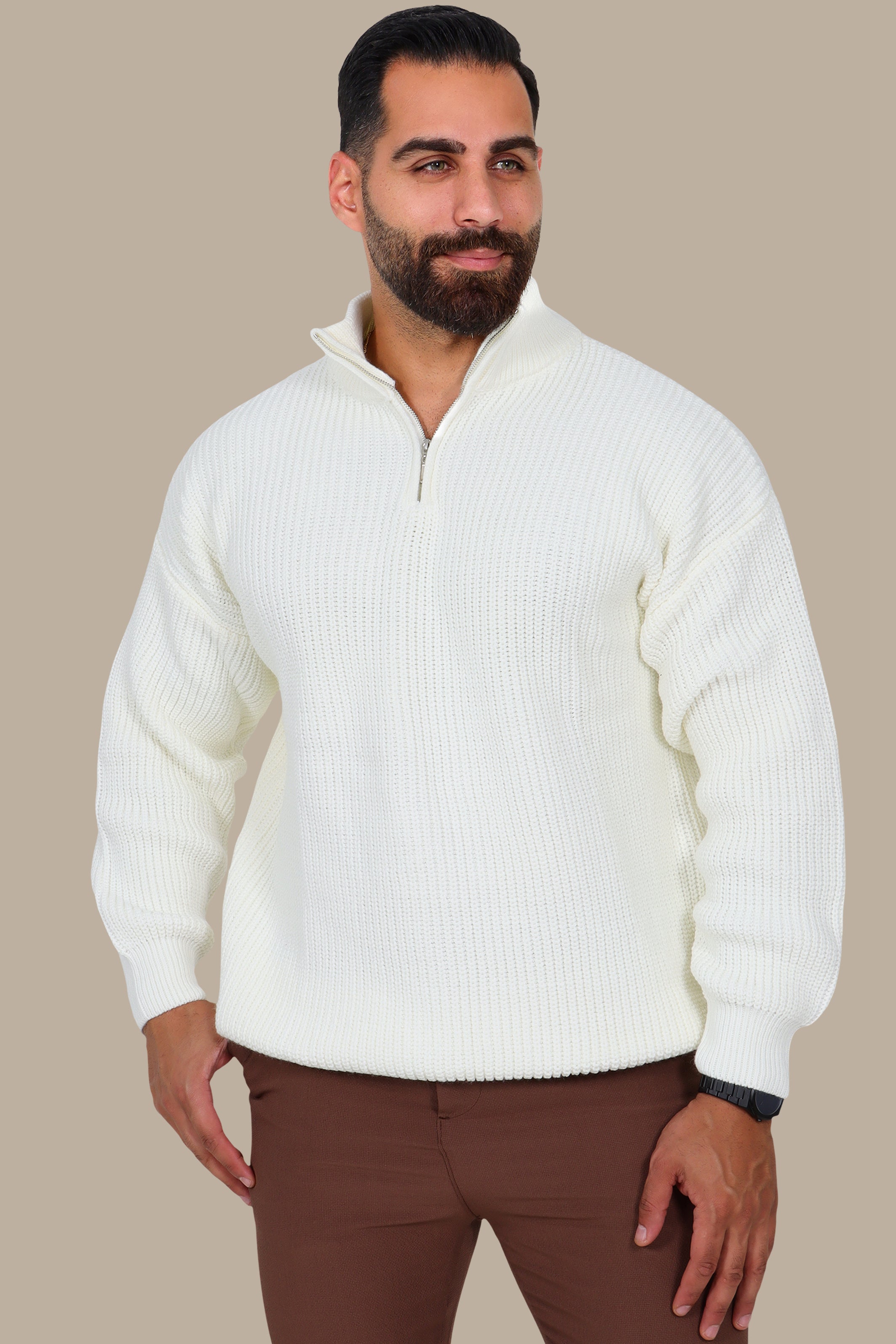 White Half-Zipper Plain Mercerized Sweater