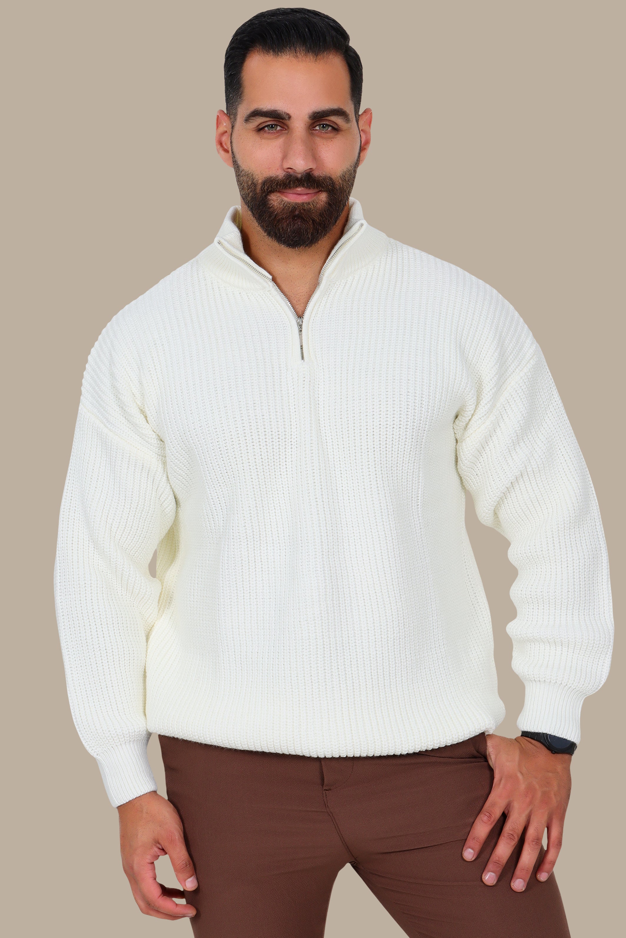 White Half-Zipper Plain Mercerized Sweater