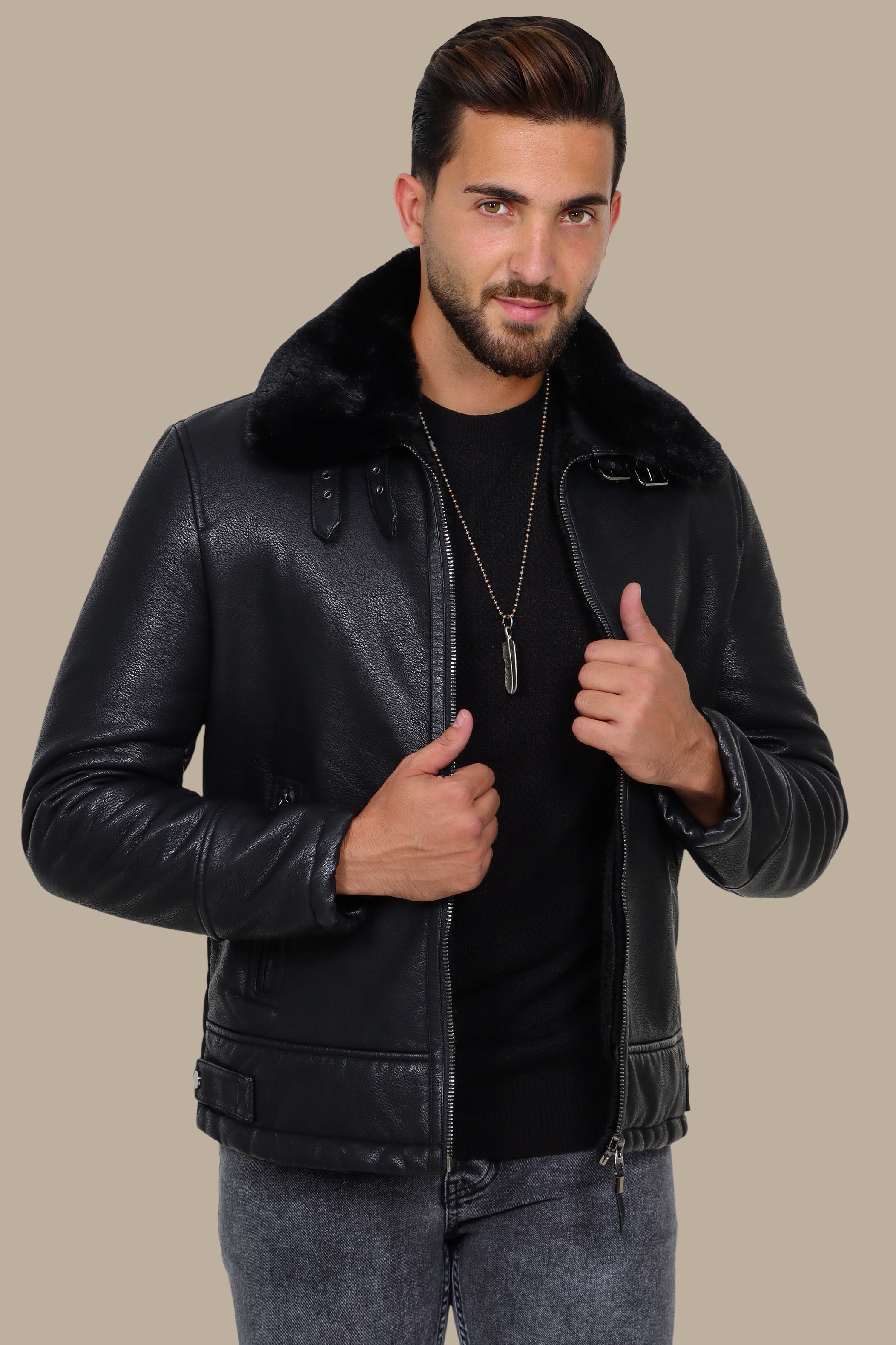 Black Leather Jacket with Fur Collar