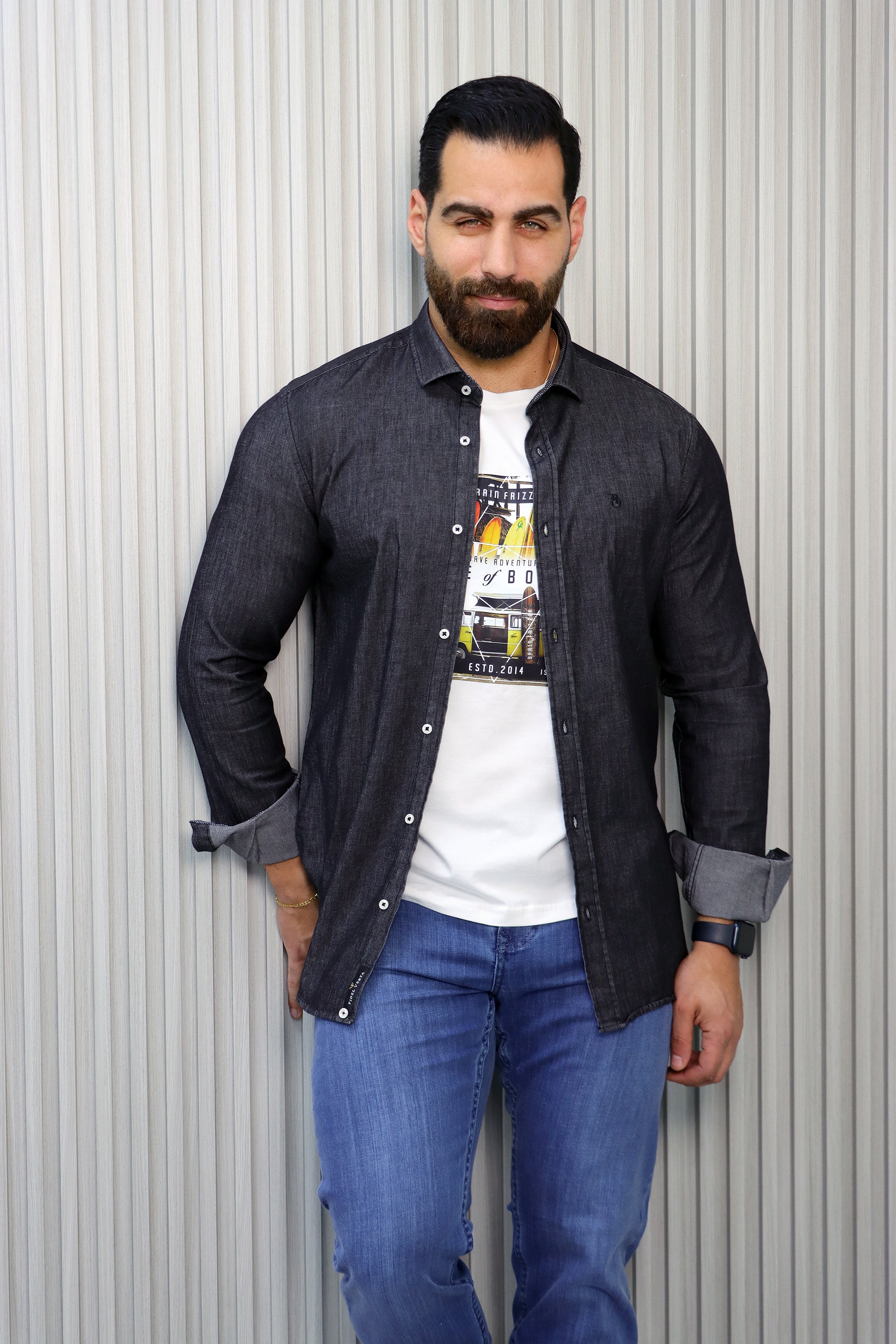 Blue Denim Shirt with Inner Print Detail