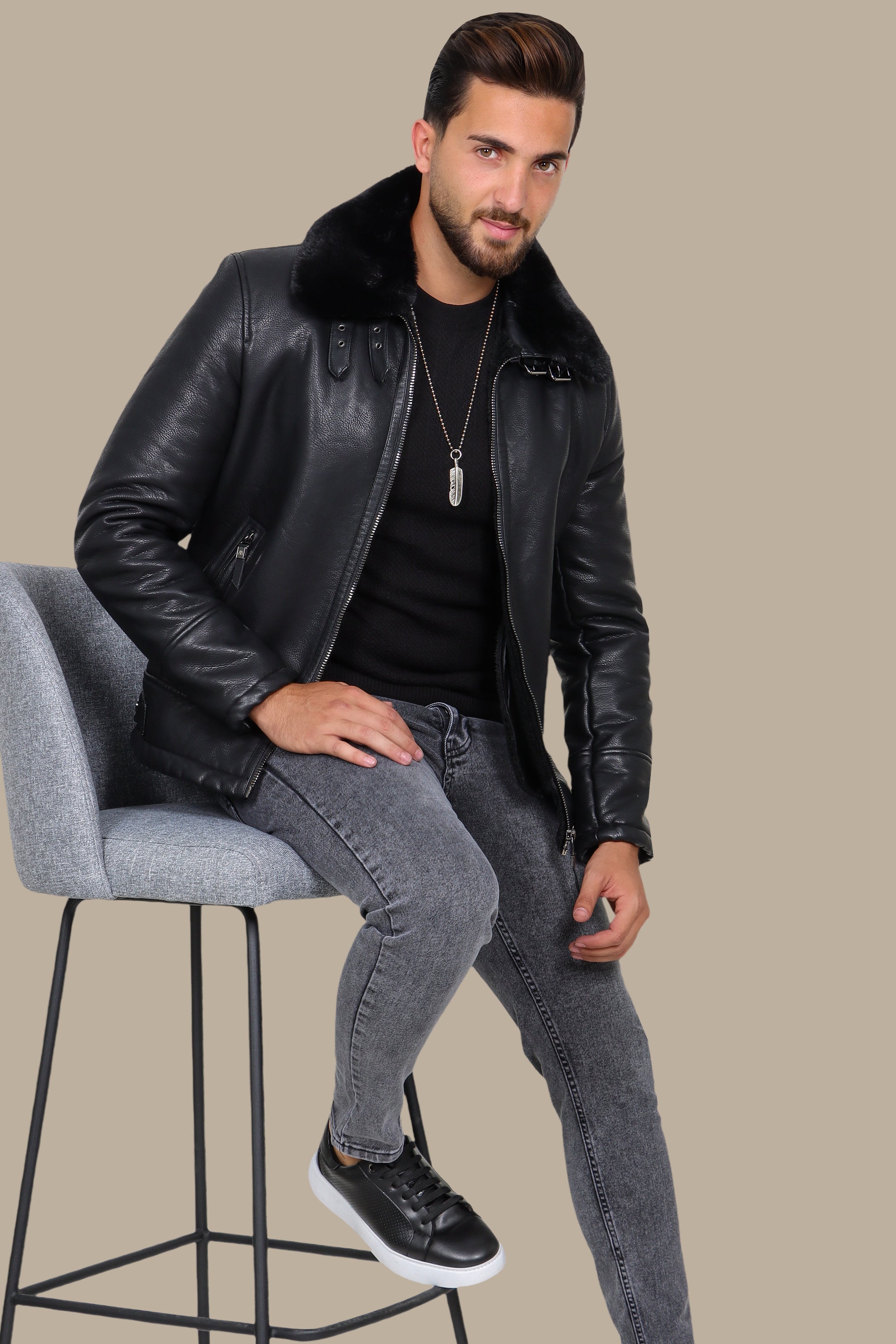 Black Leather Jacket with Fur Collar