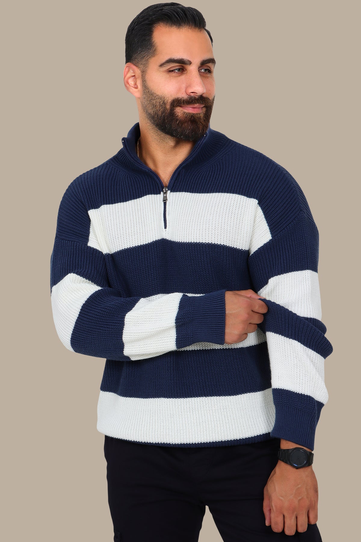 Navy Mercerized Half-Zip Striped Sweater