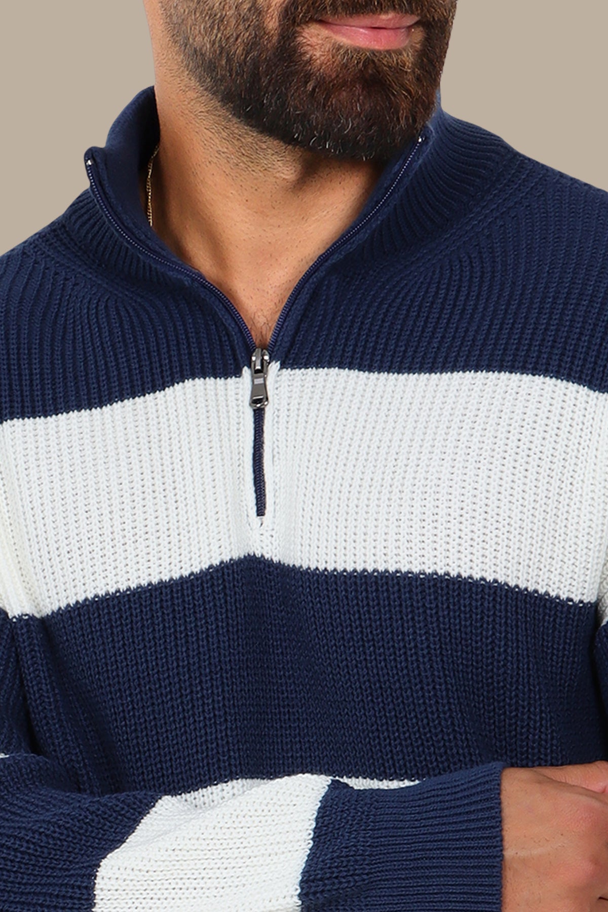 Navy Mercerized Half-Zip Striped Sweater