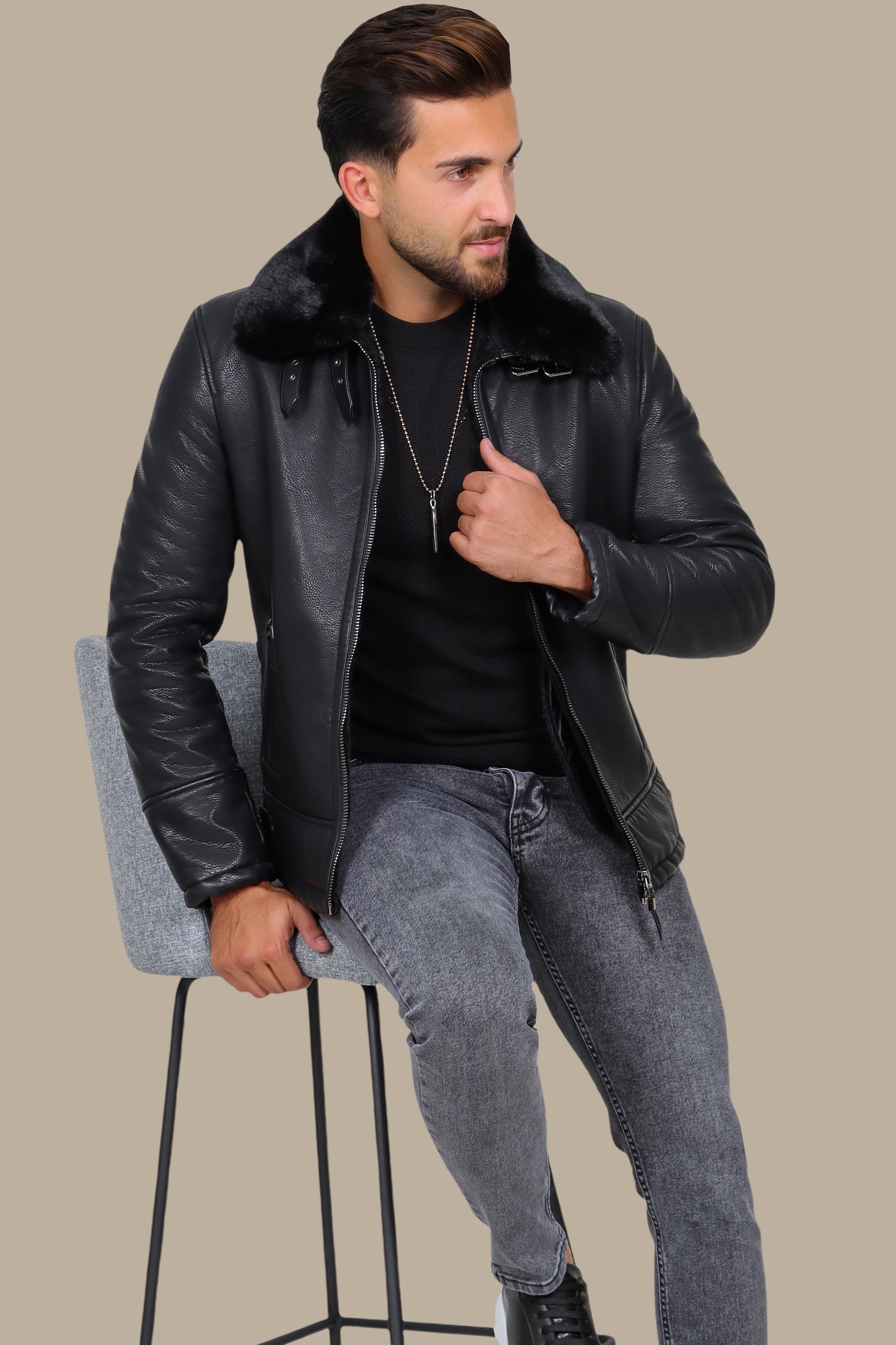Black Leather Jacket with Fur Collar