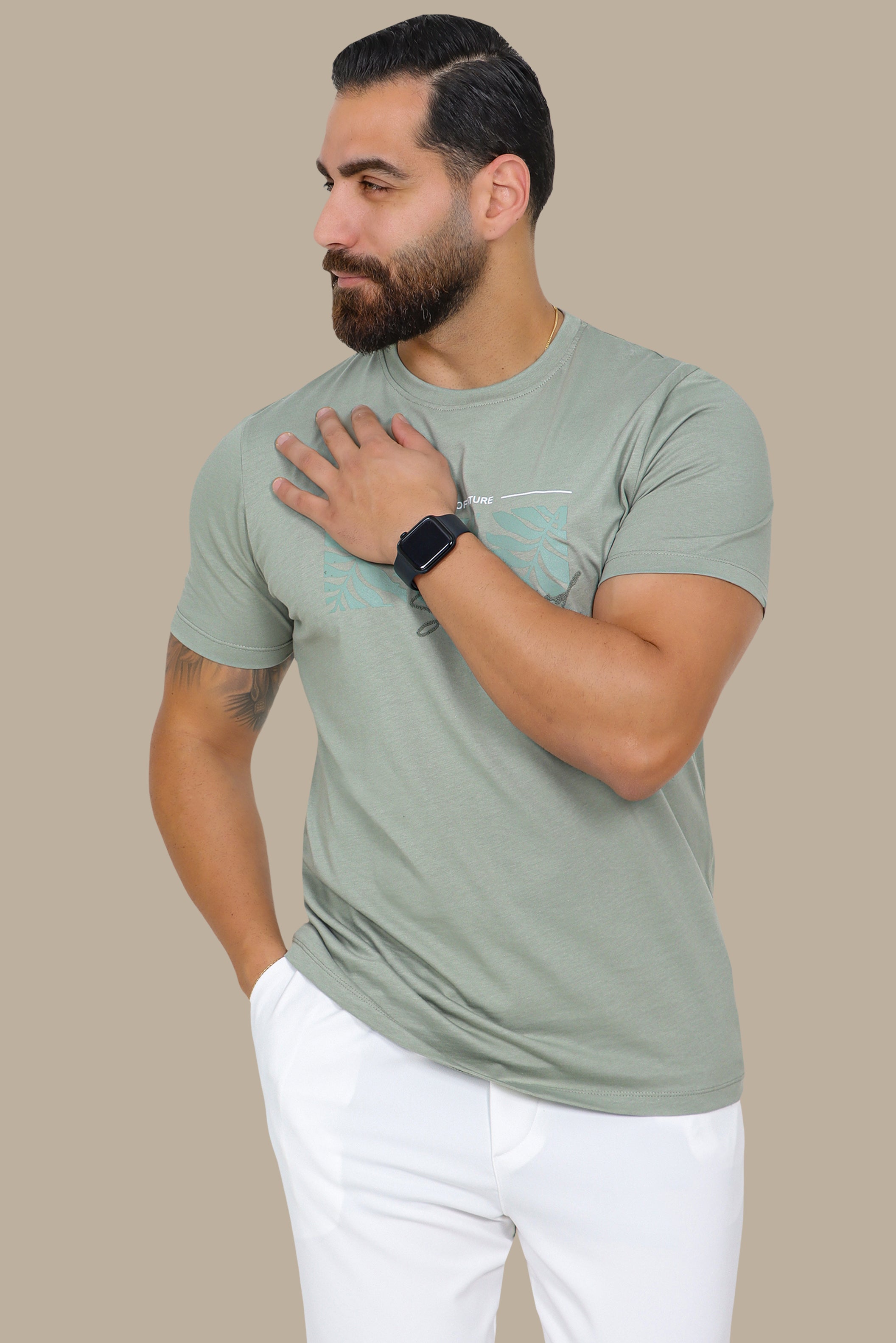 Three Squares Leaf Print T-Shirt – Khaki