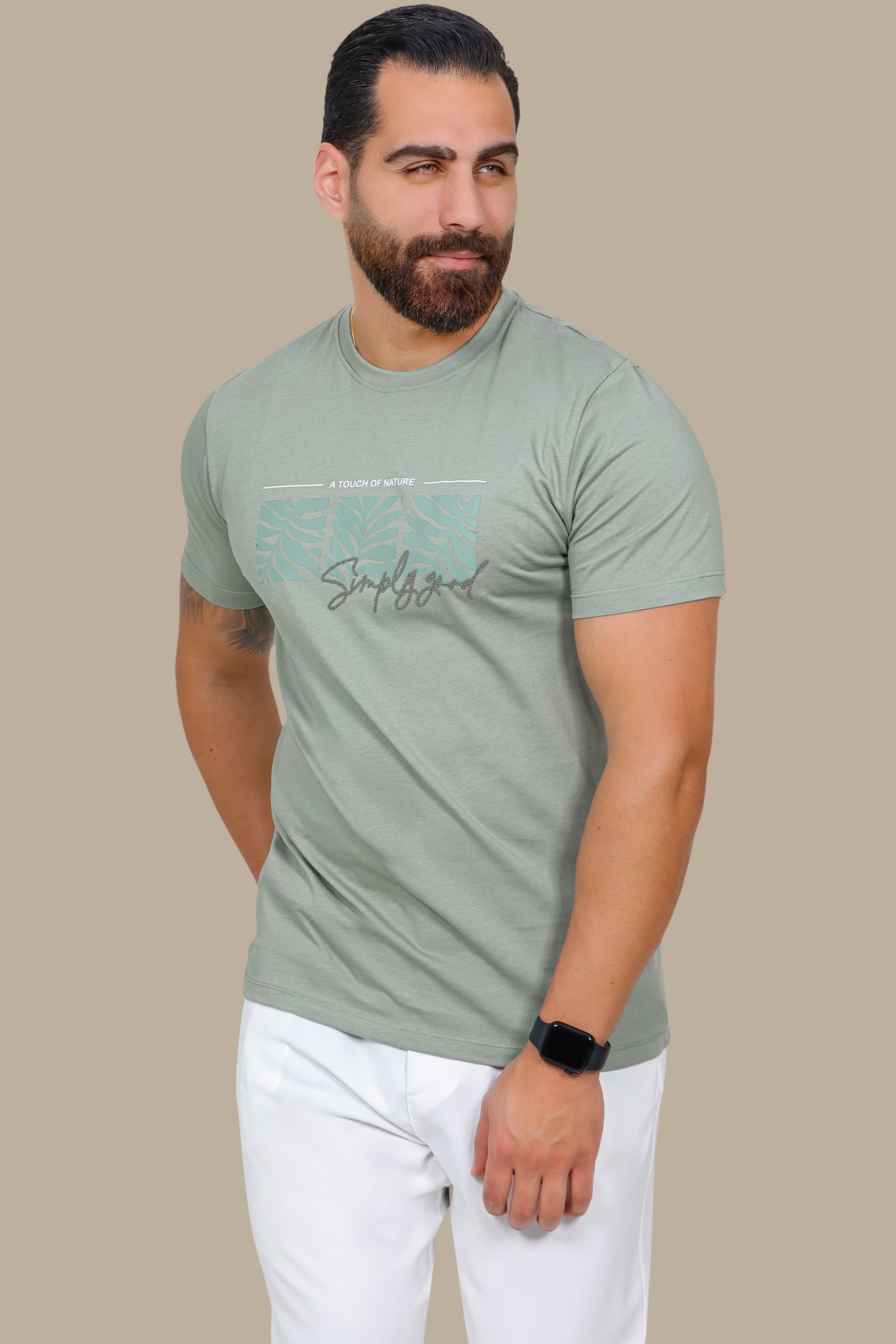 Three Squares Leaf Print T-Shirt – Khaki