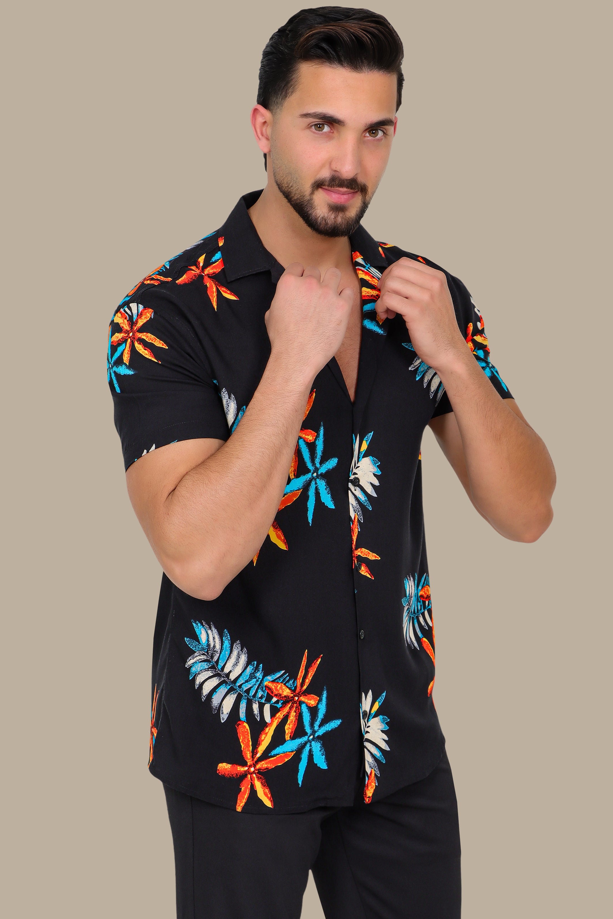 Island Nights: Black Hawaiian Shirt with Star Print
