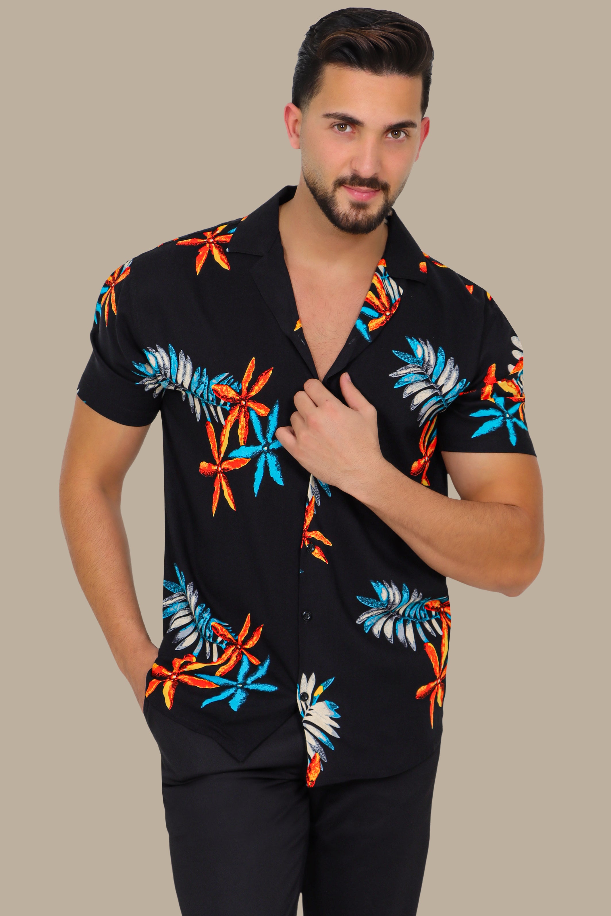 Island Nights: Black Hawaiian Shirt with Star Print