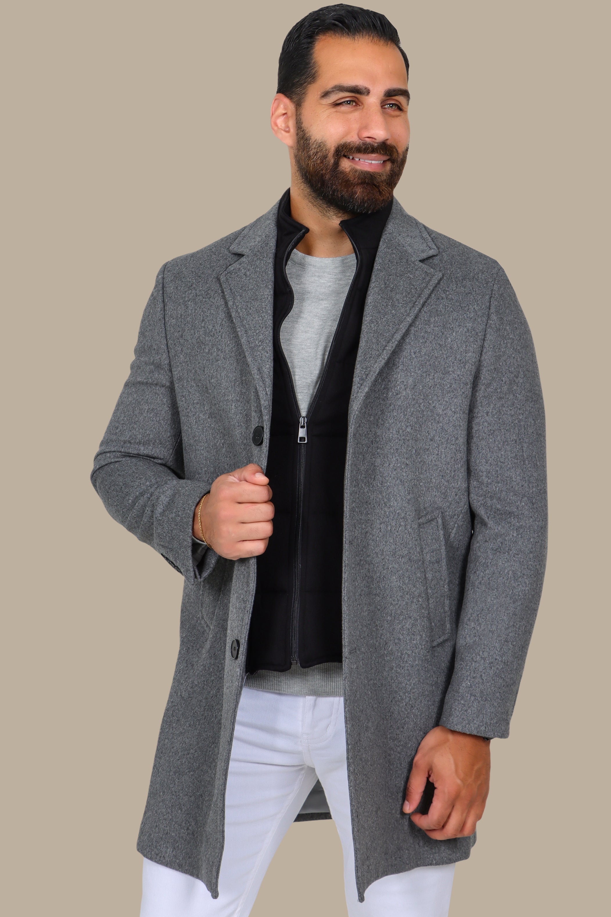 Grey Basic Coat with Detachable Collar
