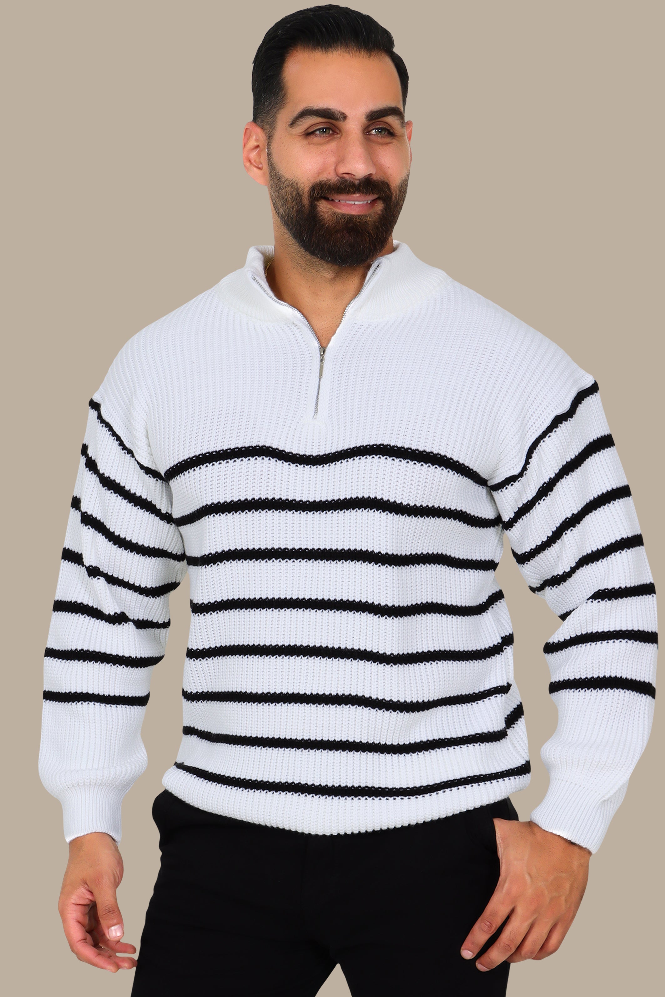 White Mercerized Half-Zip Striped Sweater