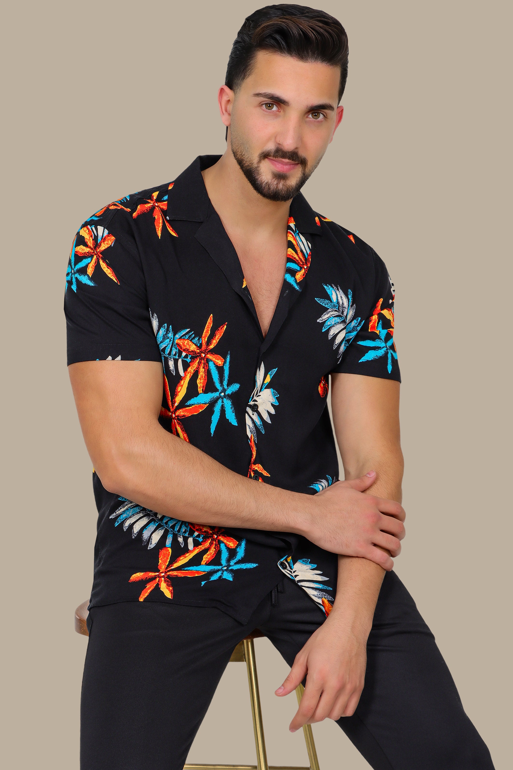 Island Nights: Black Hawaiian Shirt with Star Print