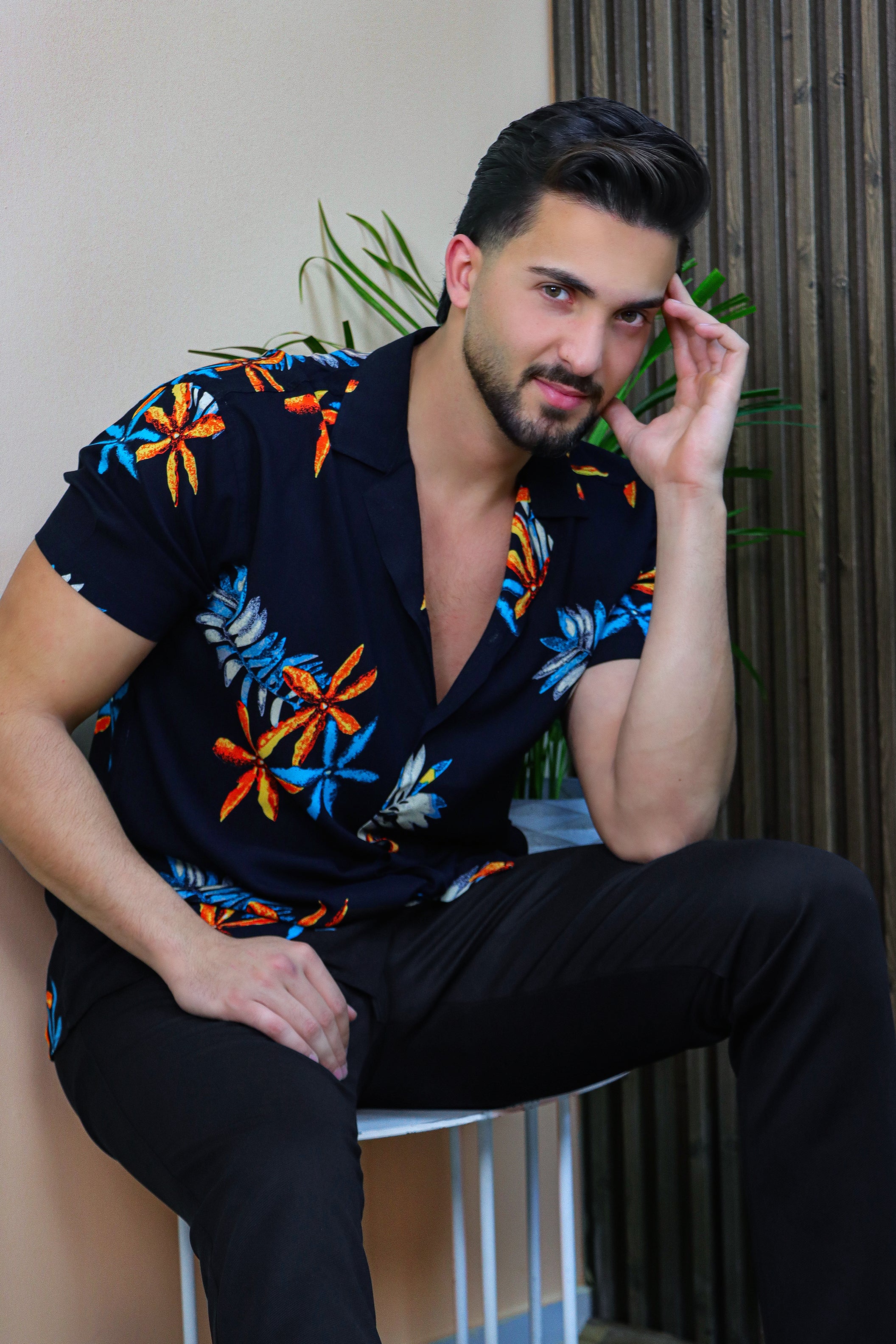 Island Nights: Black Hawaiian Shirt with Star Print