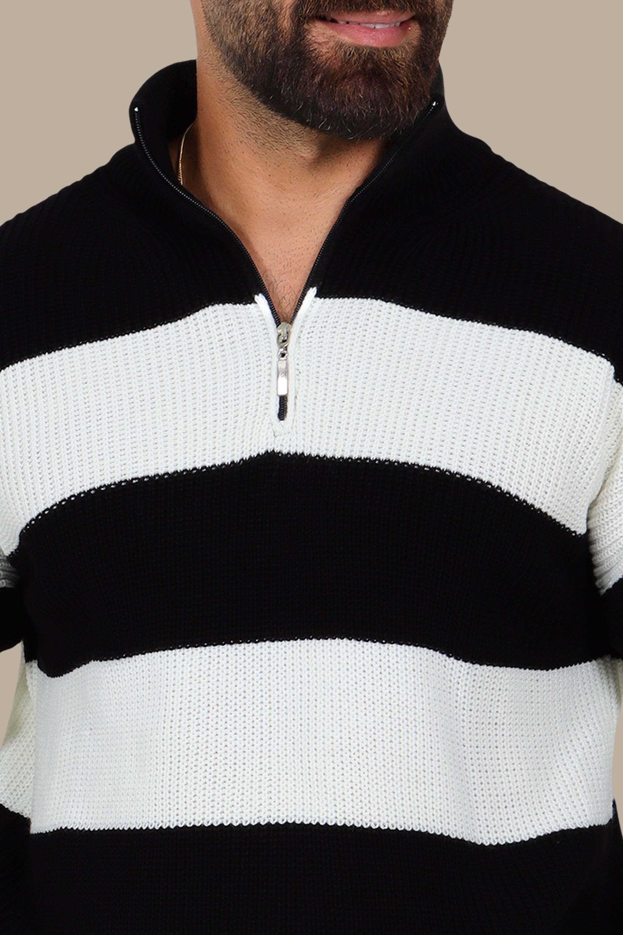 Black Mercerized Half-Zip Striped Sweater