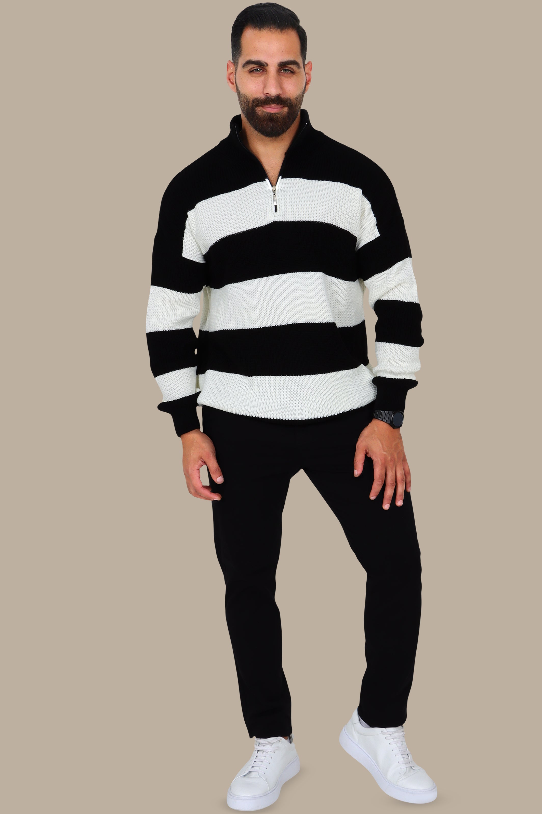 Black Mercerized Half-Zip Striped Sweater