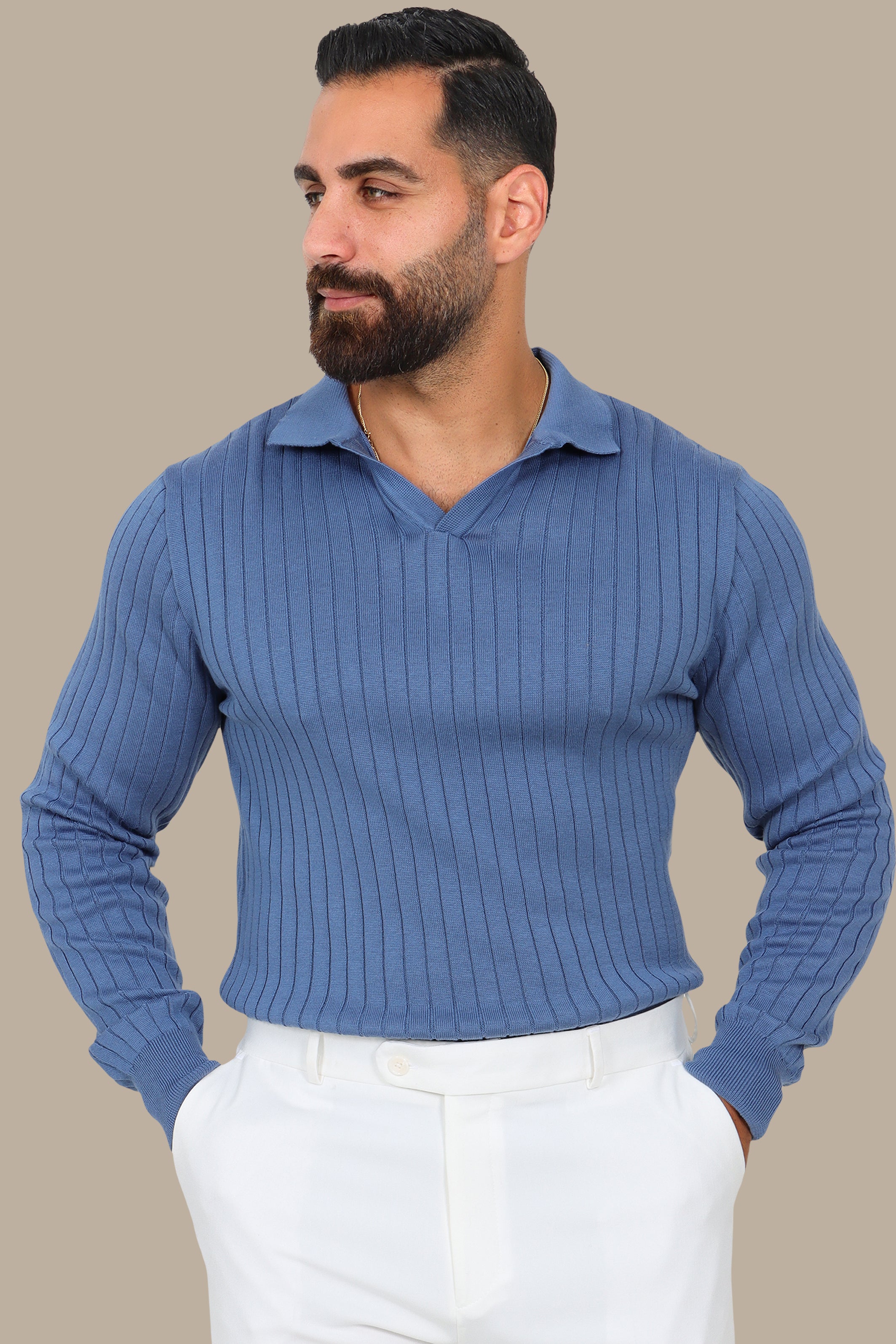 Basic Long-Sleeve Polo with Vertical Lines Blue