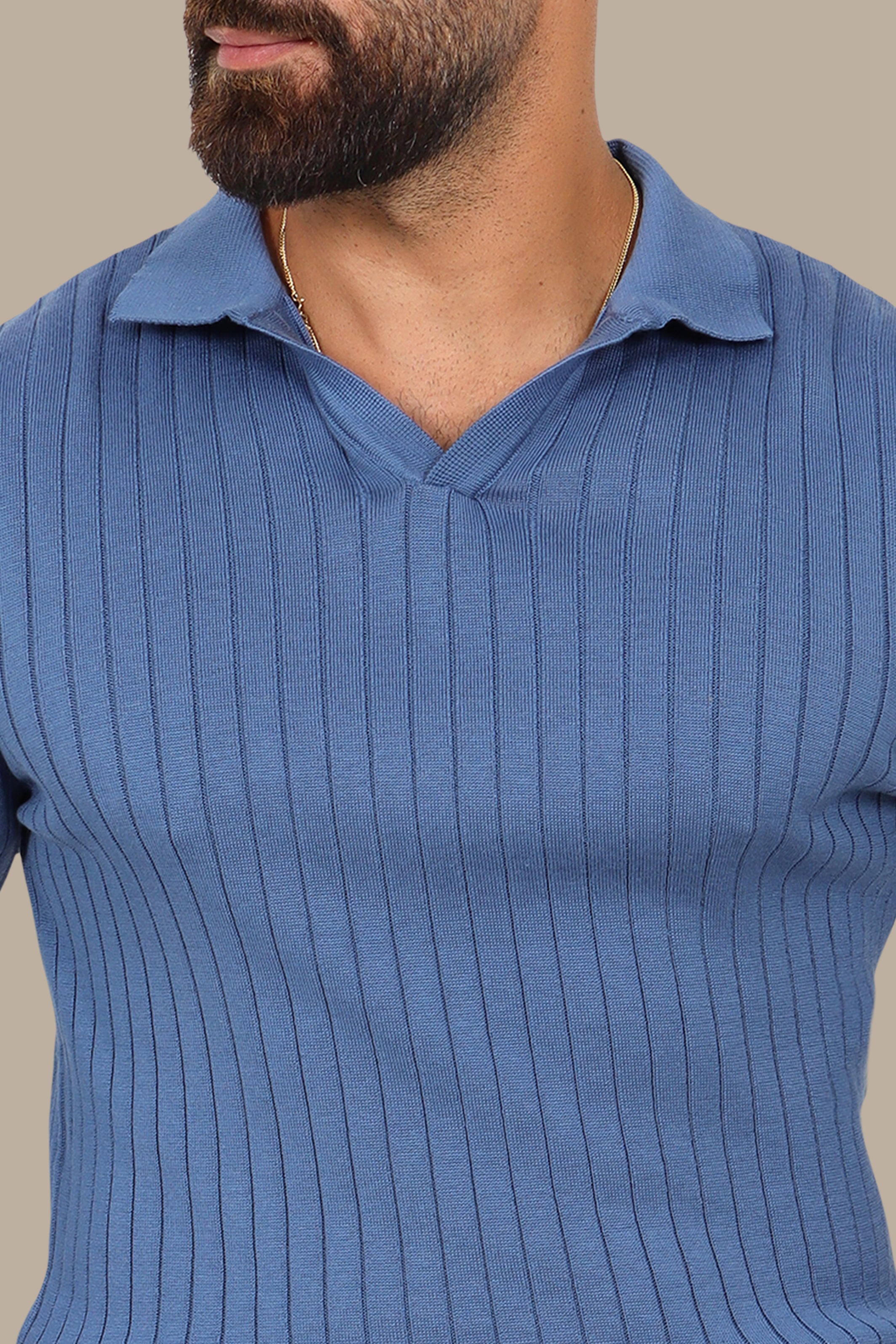 Basic Long-Sleeve Polo with Vertical Lines Blue