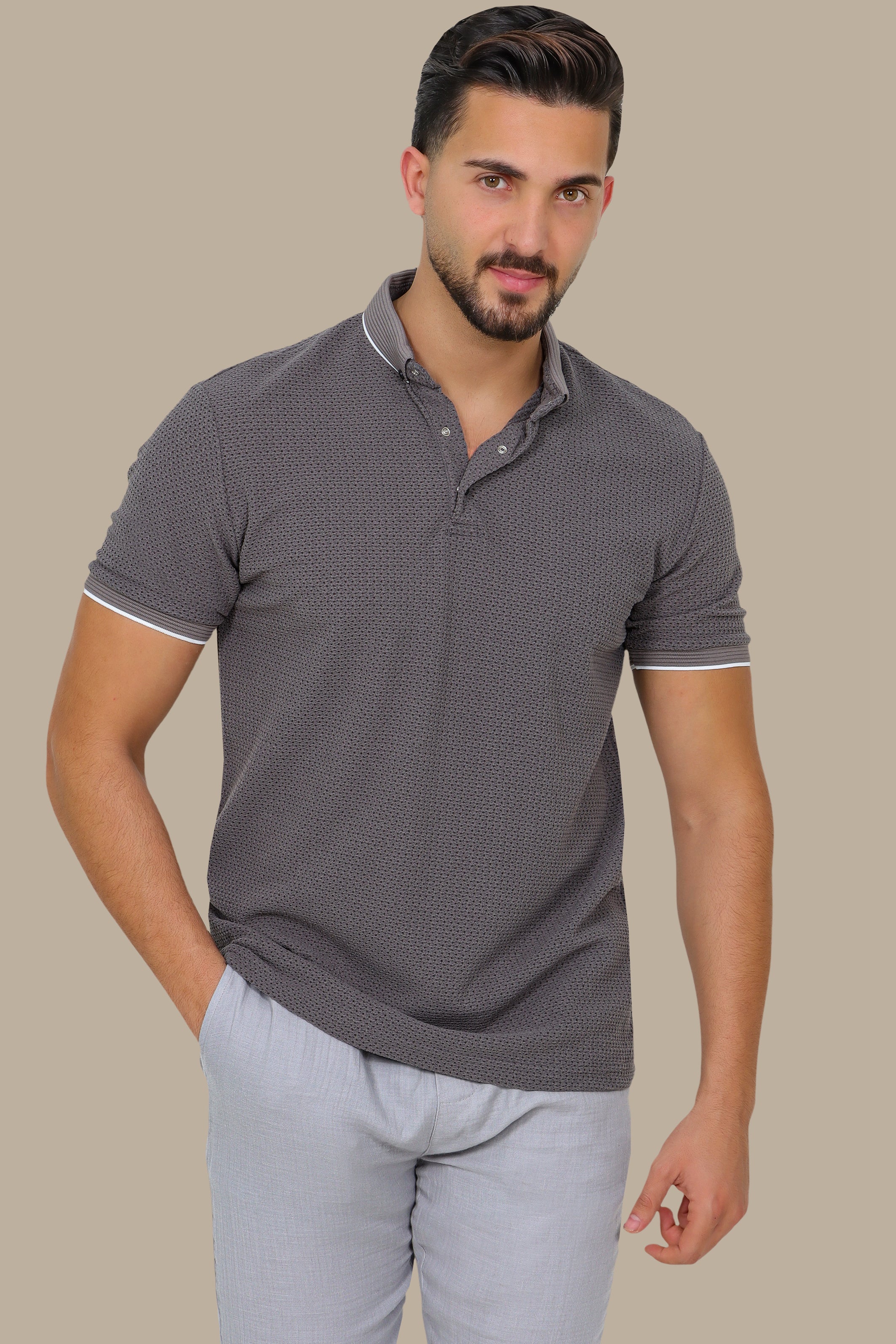 Grey Breathable Fabric Short Sleeve Polo with Button Down