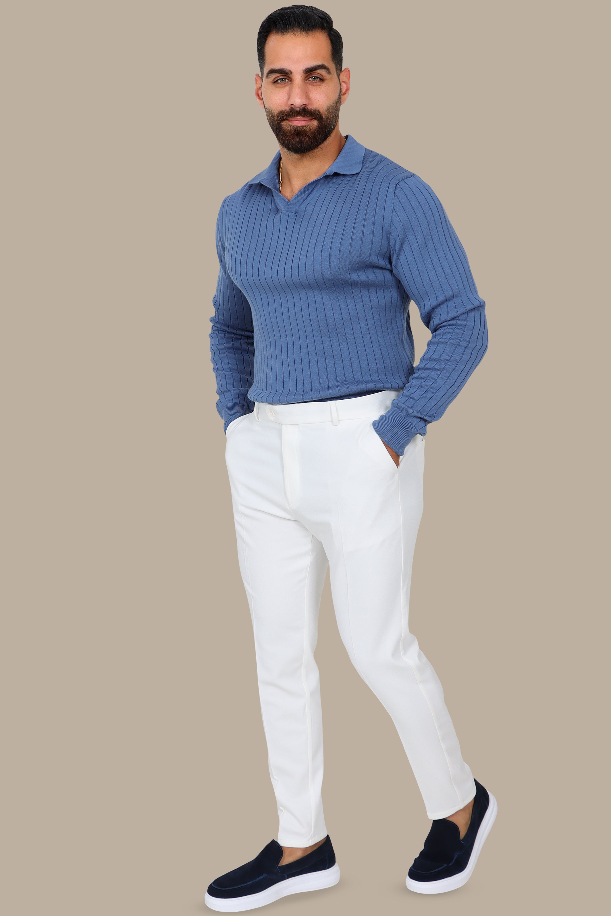 Basic Long-Sleeve Polo with Vertical Lines Blue