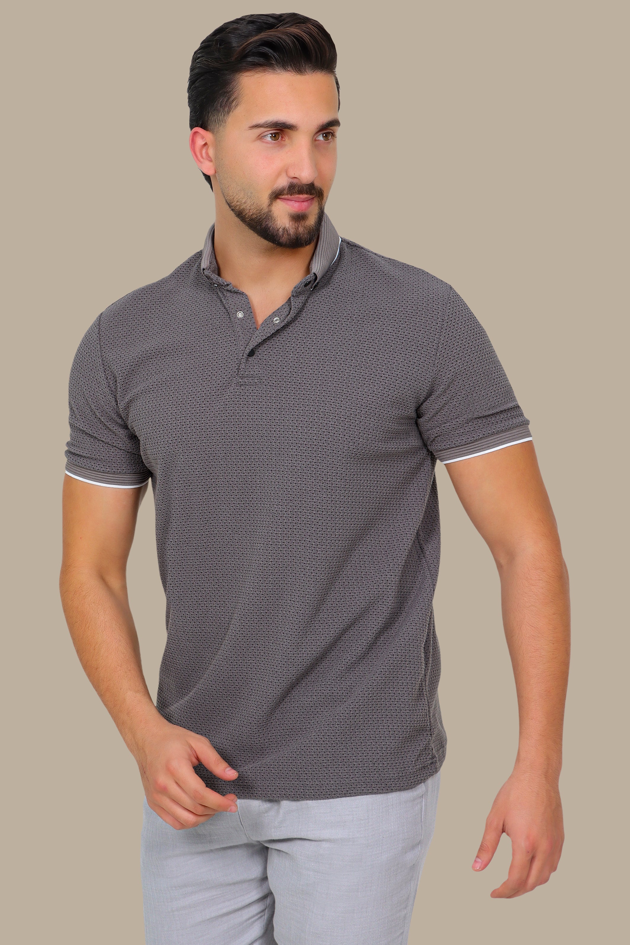 Grey Breathable Fabric Short Sleeve Polo with Button Down