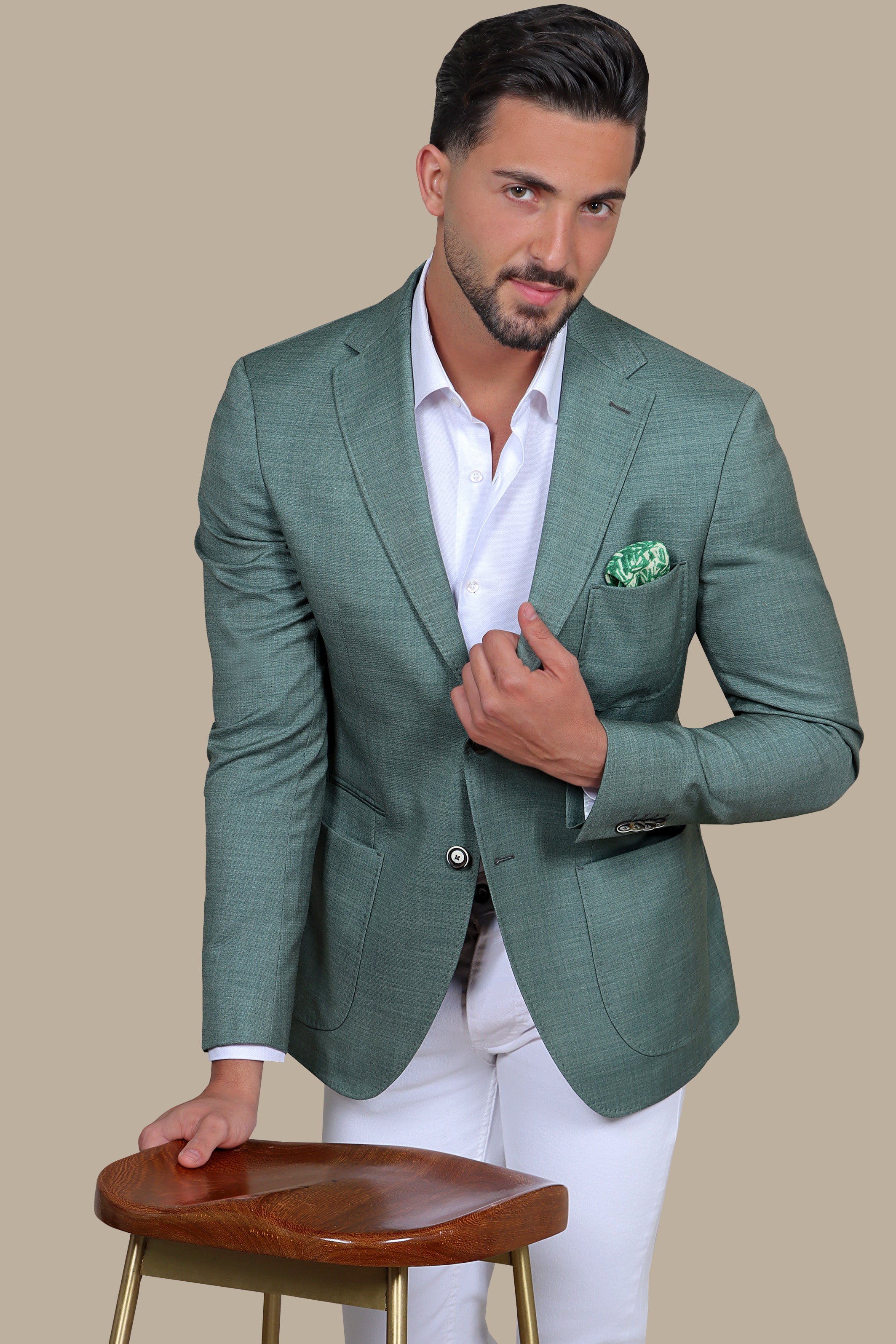 Green Slim Fit Blazer with Notch Lapel