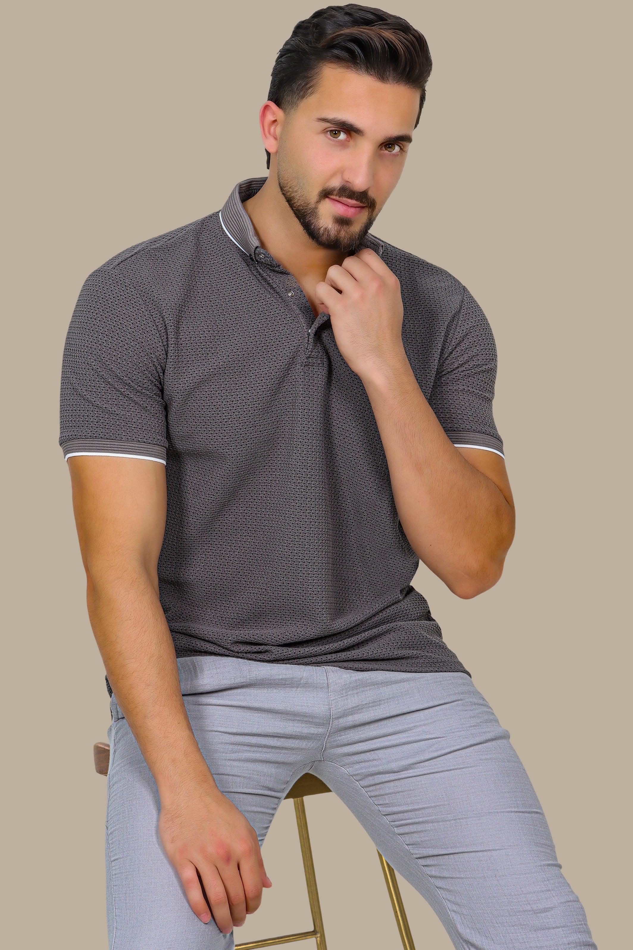Grey Breathable Fabric Short Sleeve Polo with Button Down