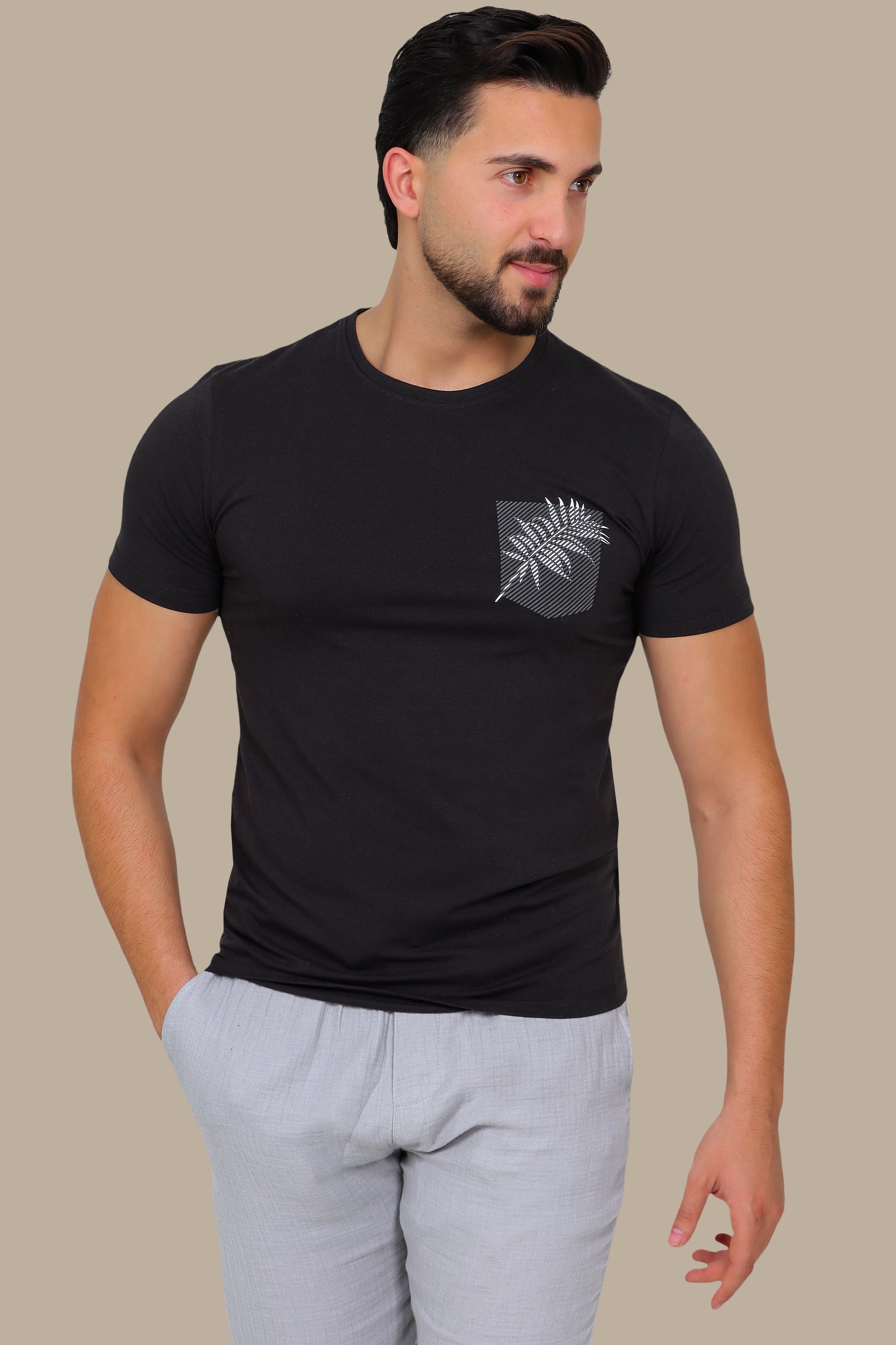 Black T-Shirt with Printed Pocket and Leaf Detail