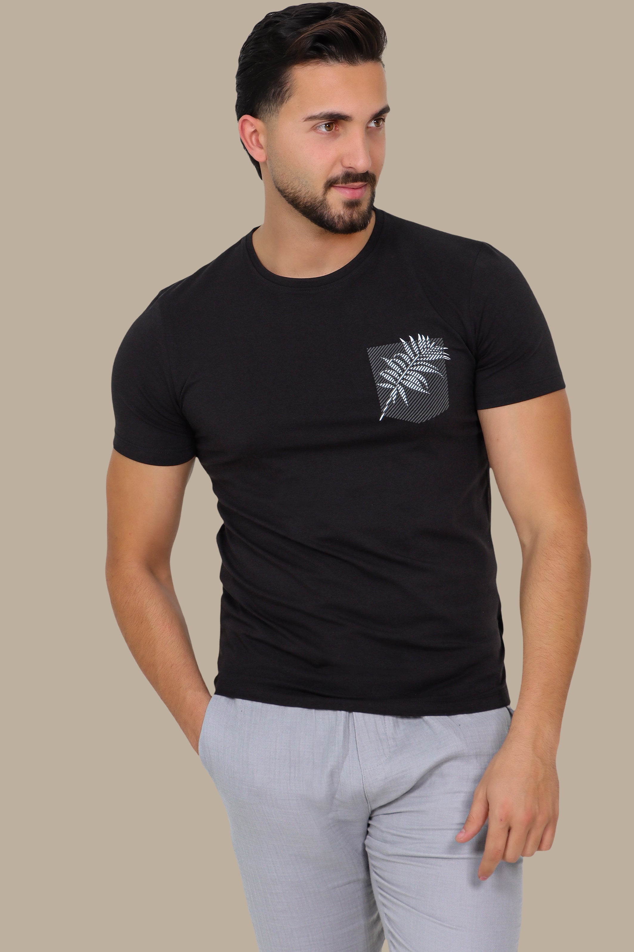 Black T-Shirt with Printed Pocket and Leaf Detail