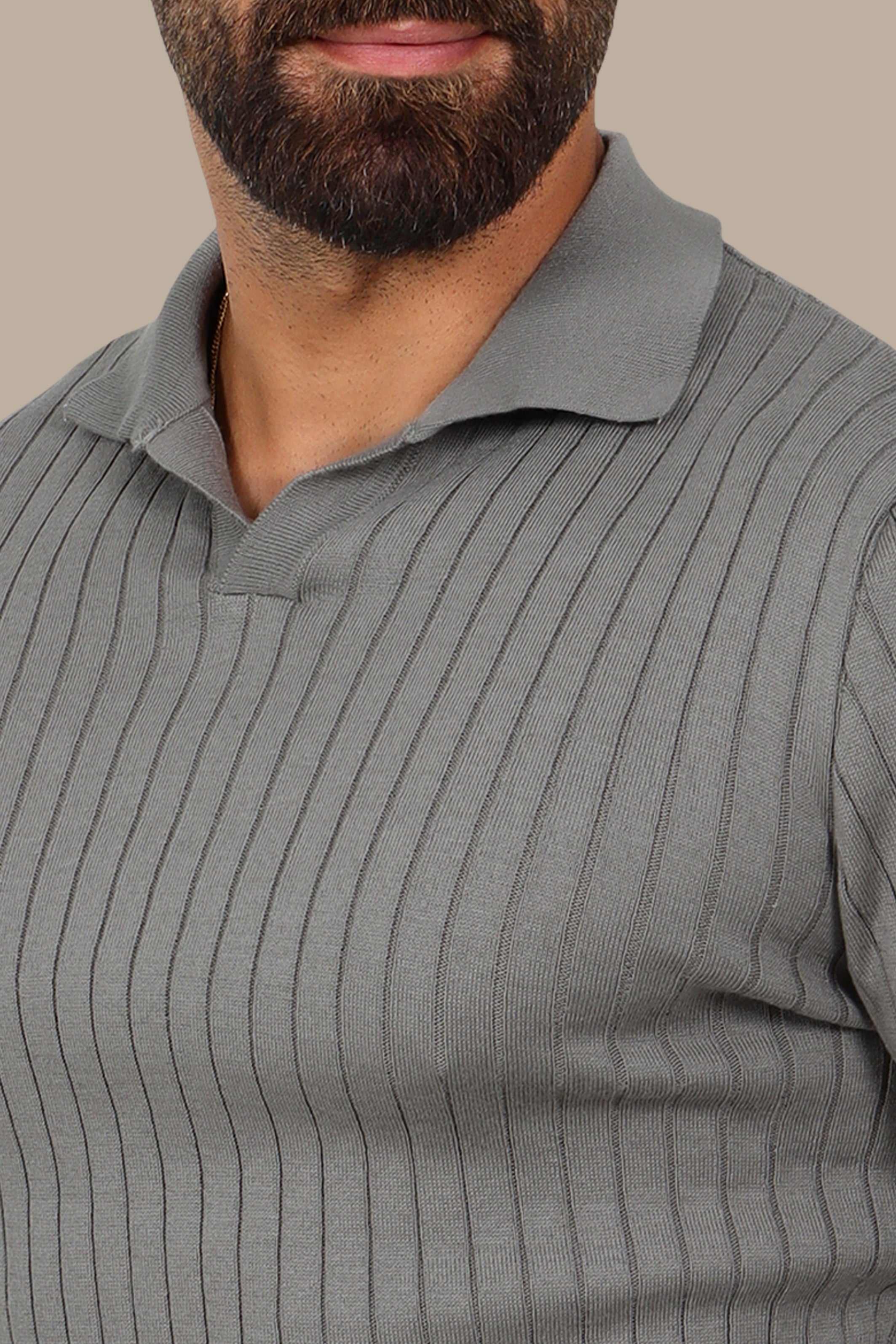 Basic Long-Sleeve Polo with Vertical Lines Olive