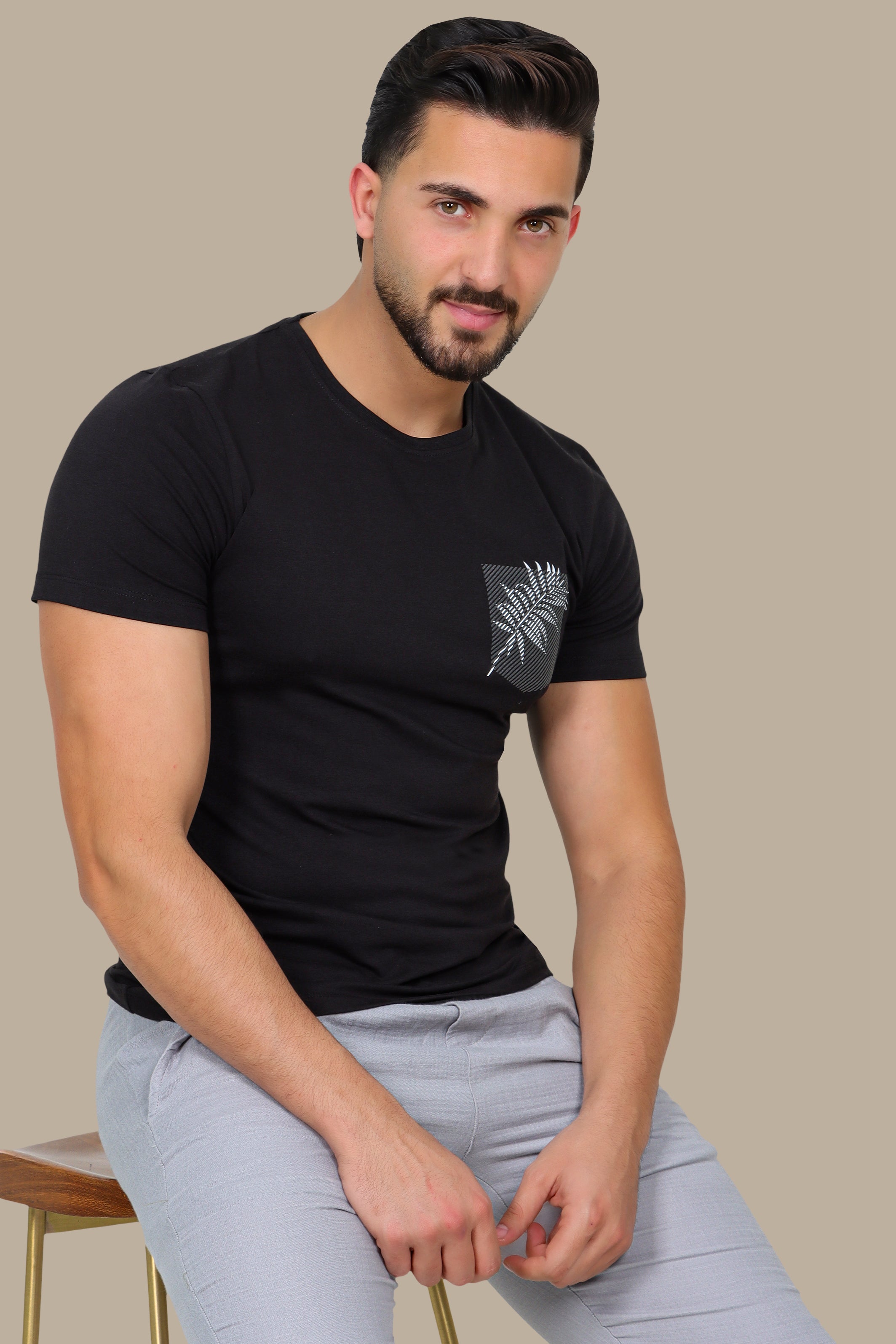 Black T-Shirt with Printed Pocket and Leaf Detail