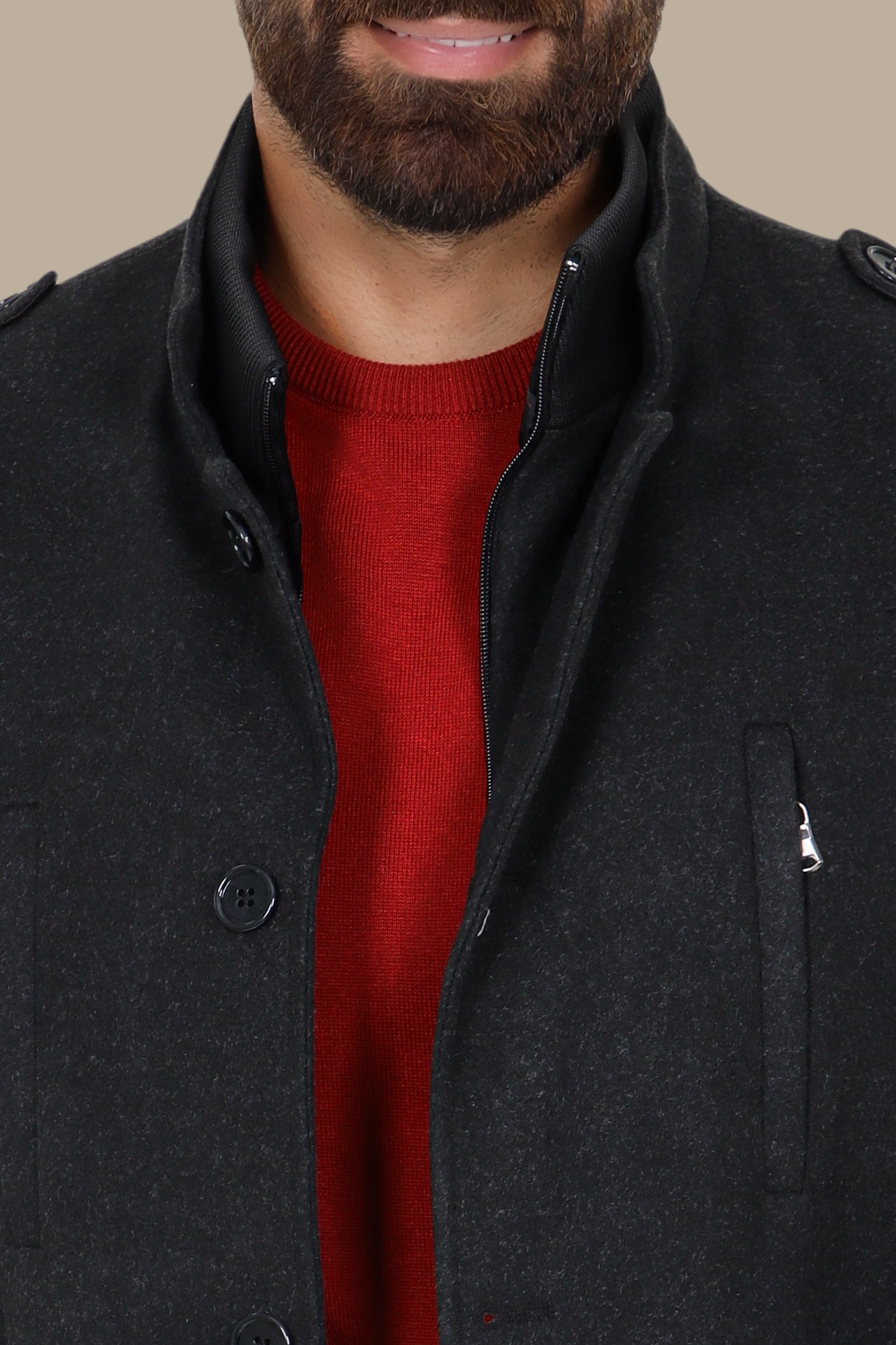Dark Grey Mao-Collar Coat with Detachable Design