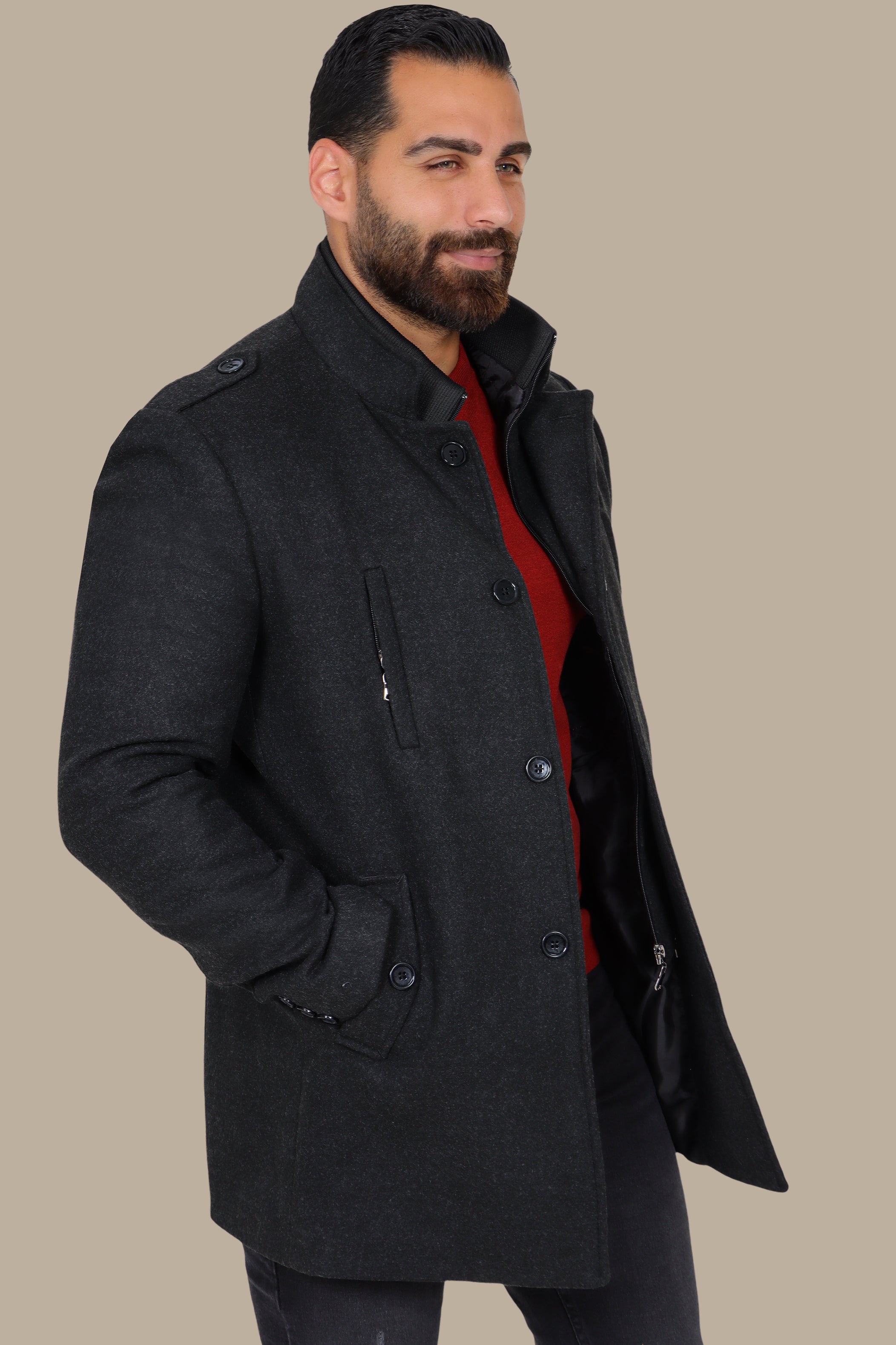 Dark Grey Mao-Collar Coat with Detachable Design