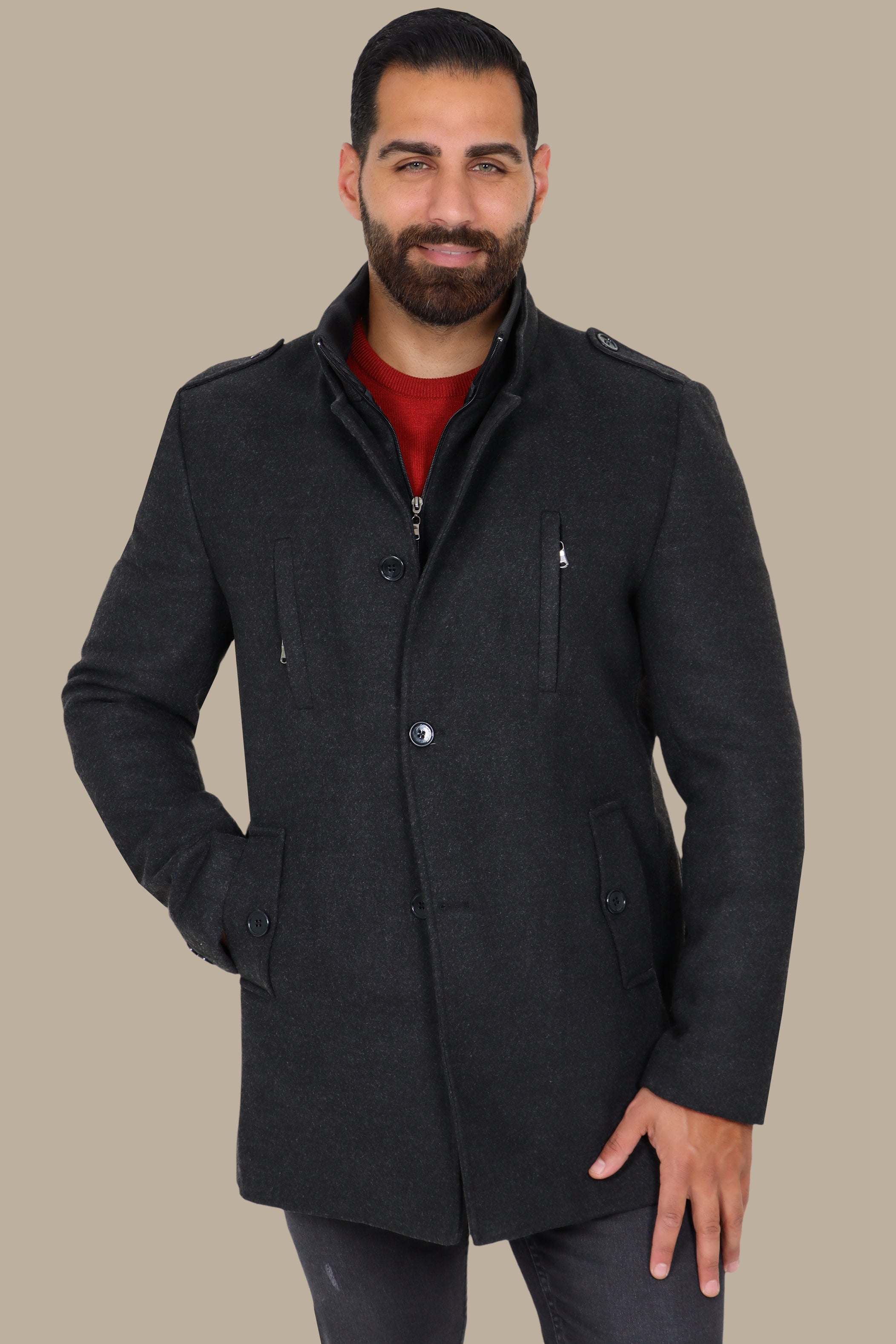 Dark Grey Mao-Collar Coat with Detachable Design