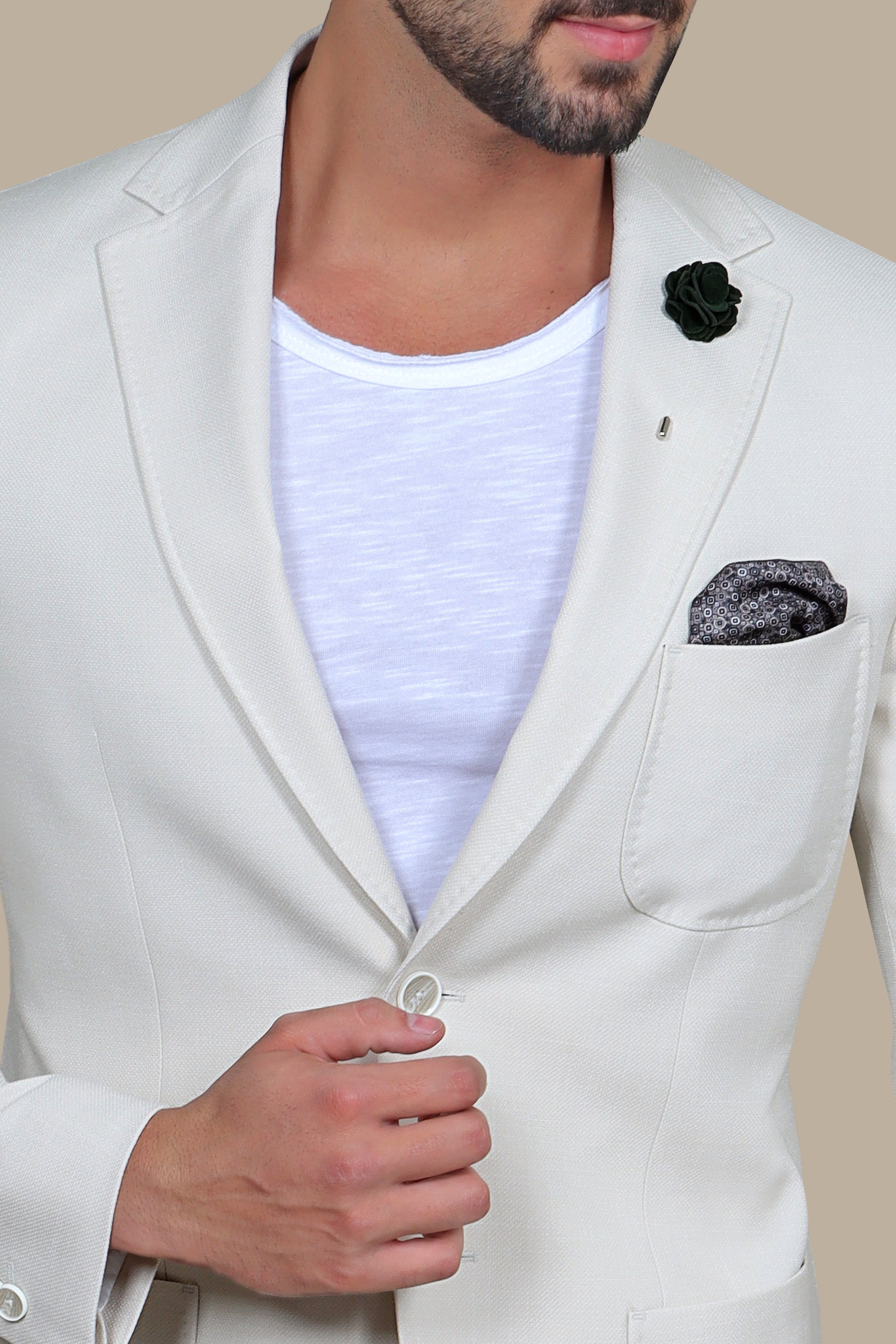 Beige Slim Fit Blazer with Up & Down Notch Patch