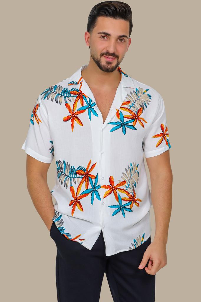 Starry Shores: White Hawaii Shirt with 3 Stars Print