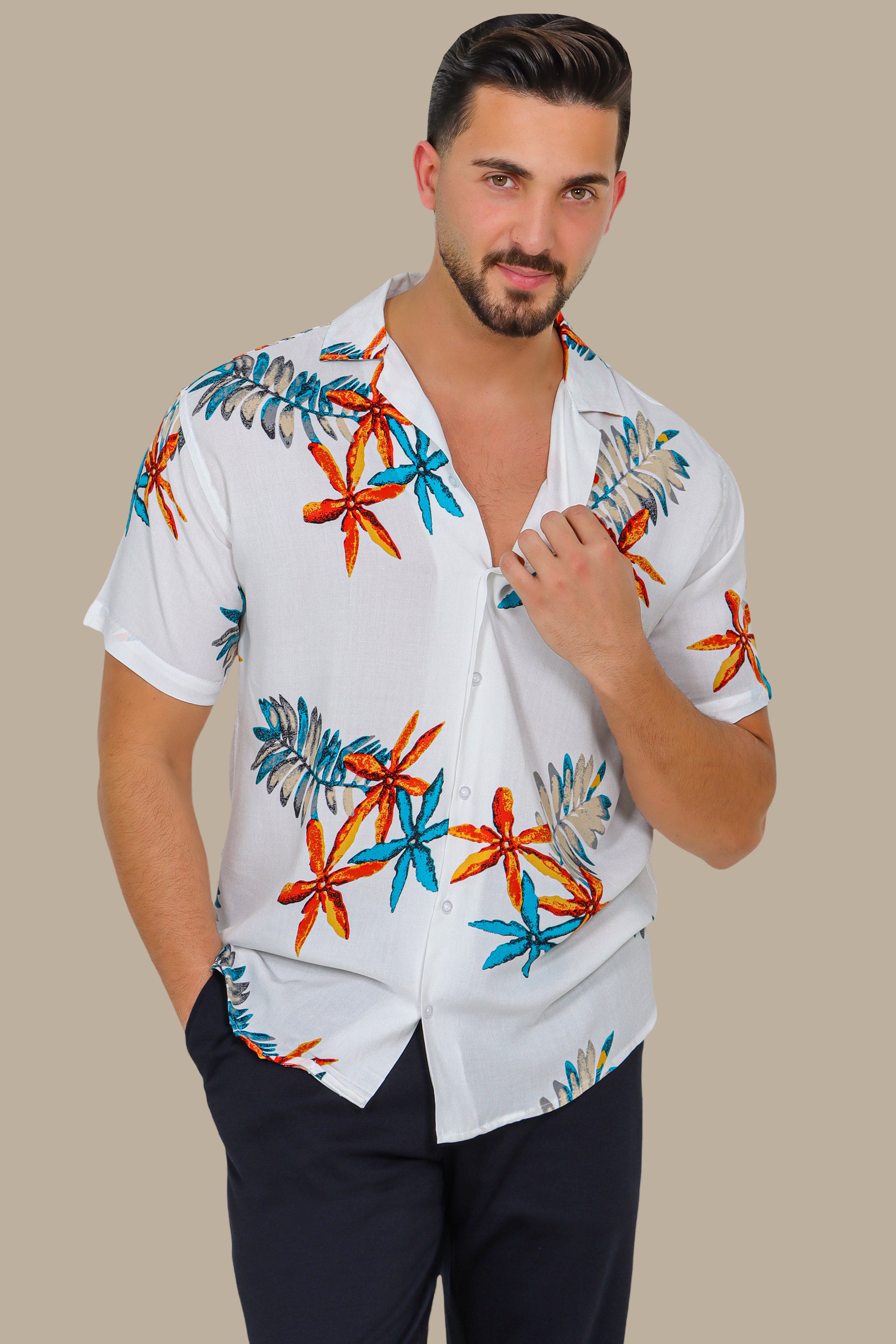 Starry Shores: White Hawaii Shirt with 3 Stars Print