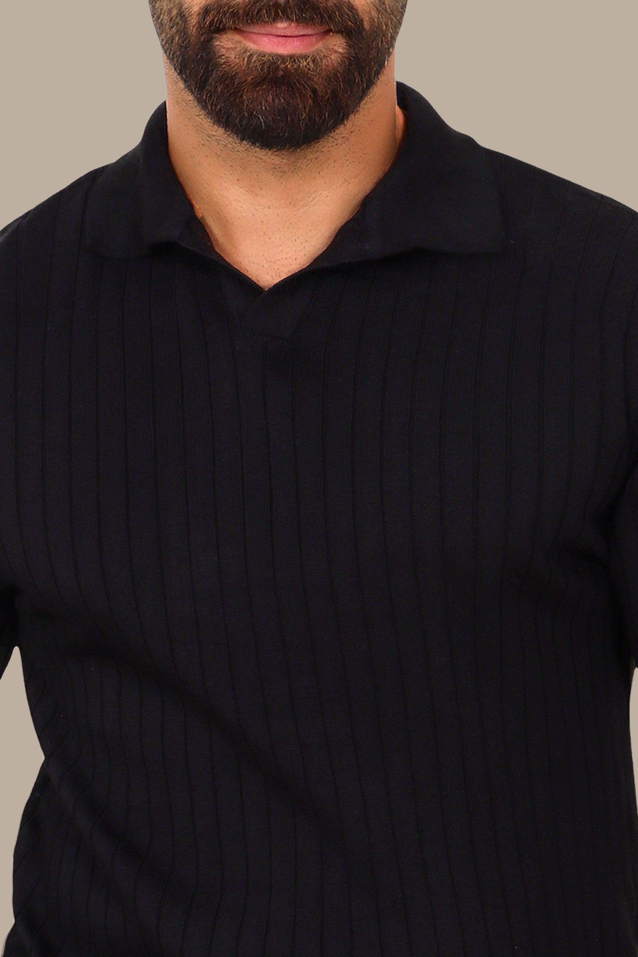 Basic Long-Sleeve Polo with Vertical Lines Black