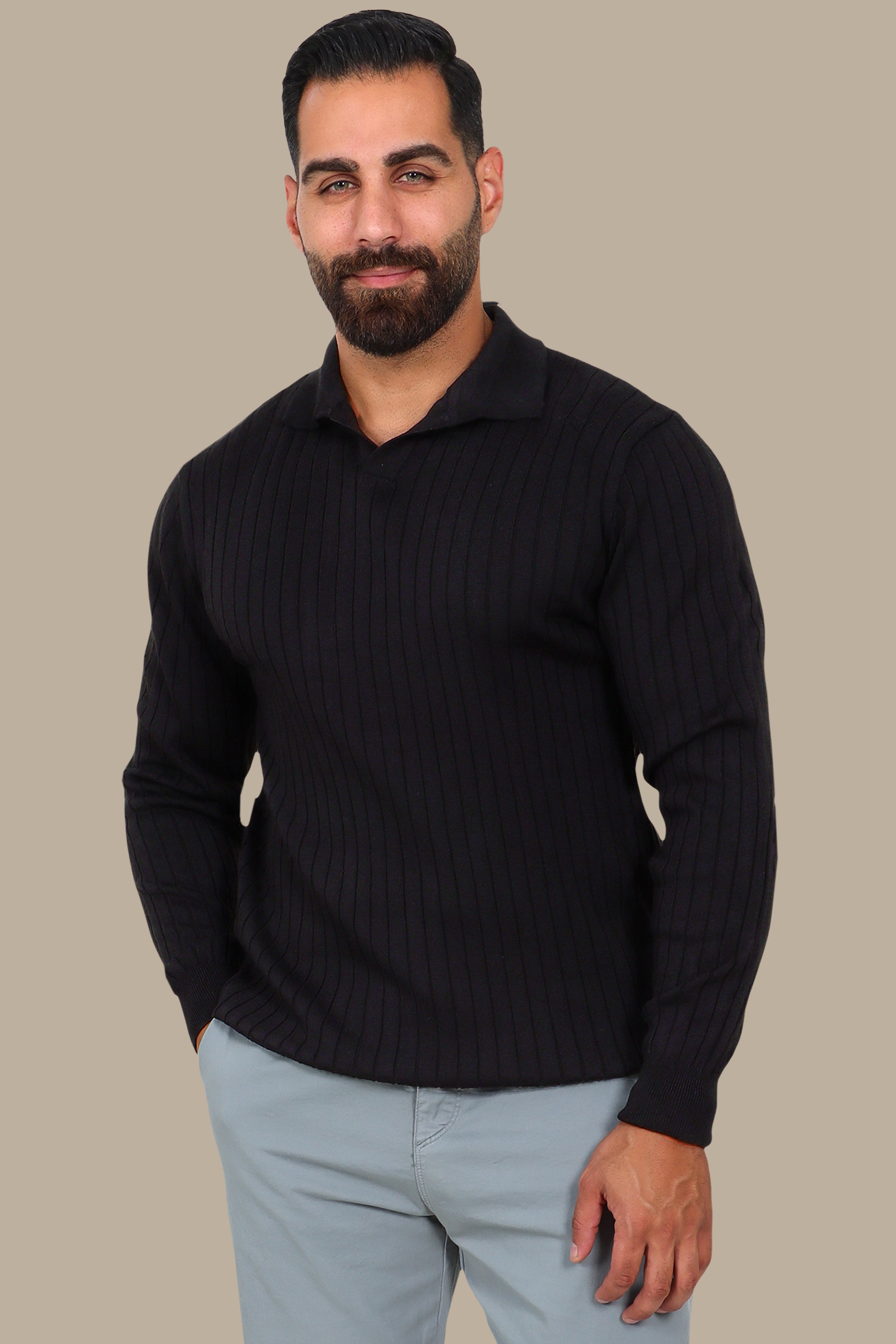 Basic Long-Sleeve Polo with Vertical Lines Black