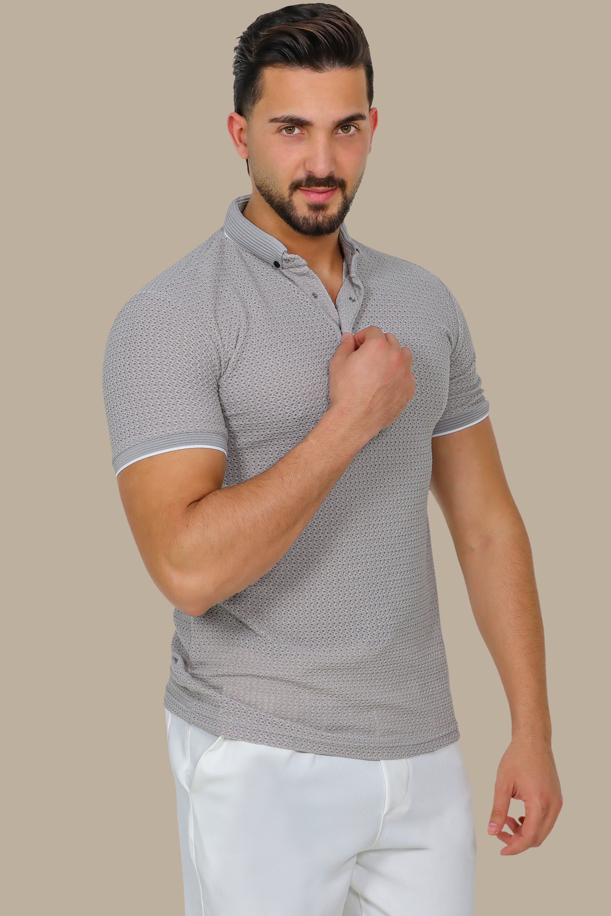 Light Gray Breathable Fabric Short Sleeve Polo with Button Down