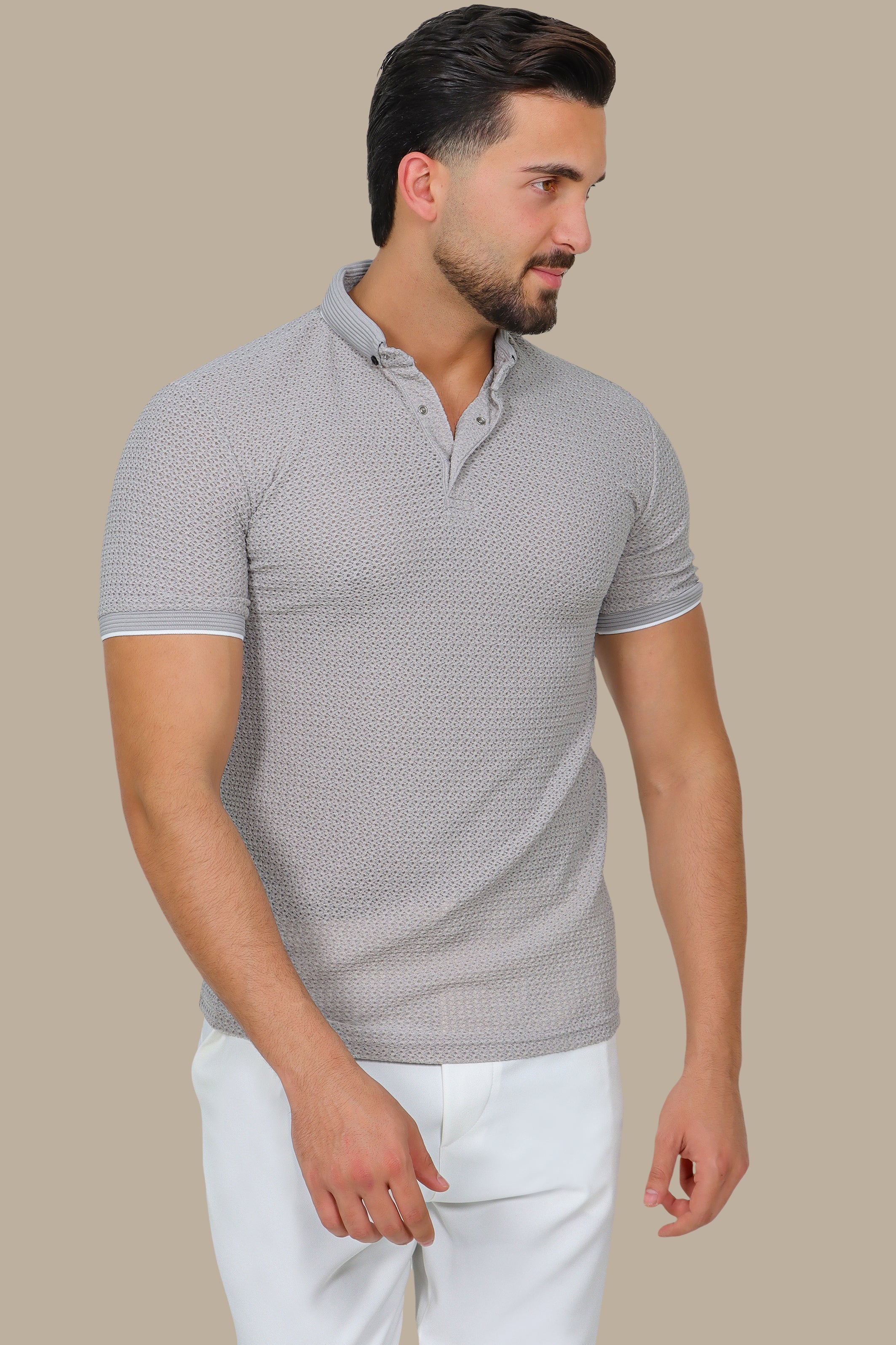 Light Gray Breathable Fabric Short Sleeve Polo with Button Down