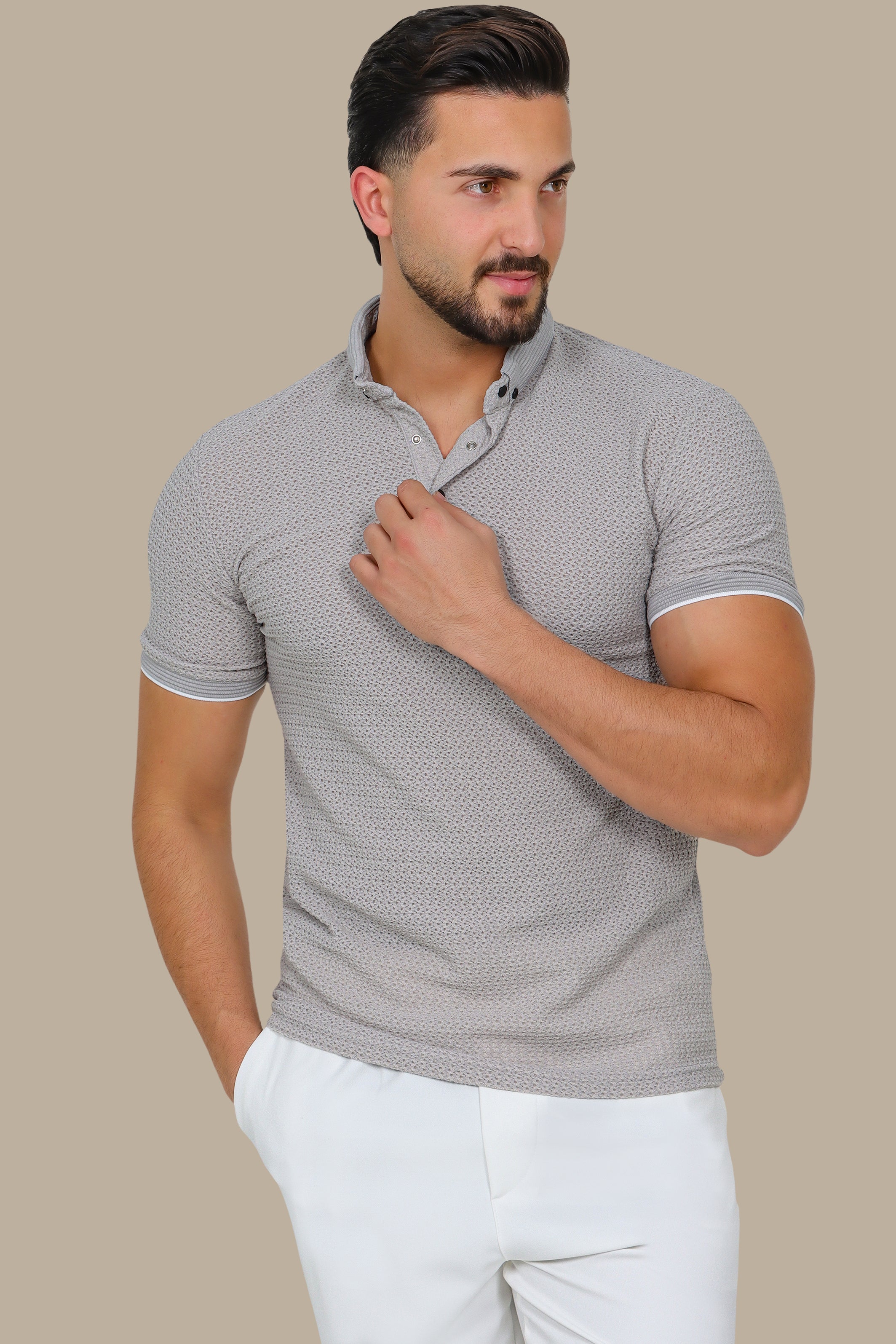 Light Gray Breathable Fabric Short Sleeve Polo with Button Down