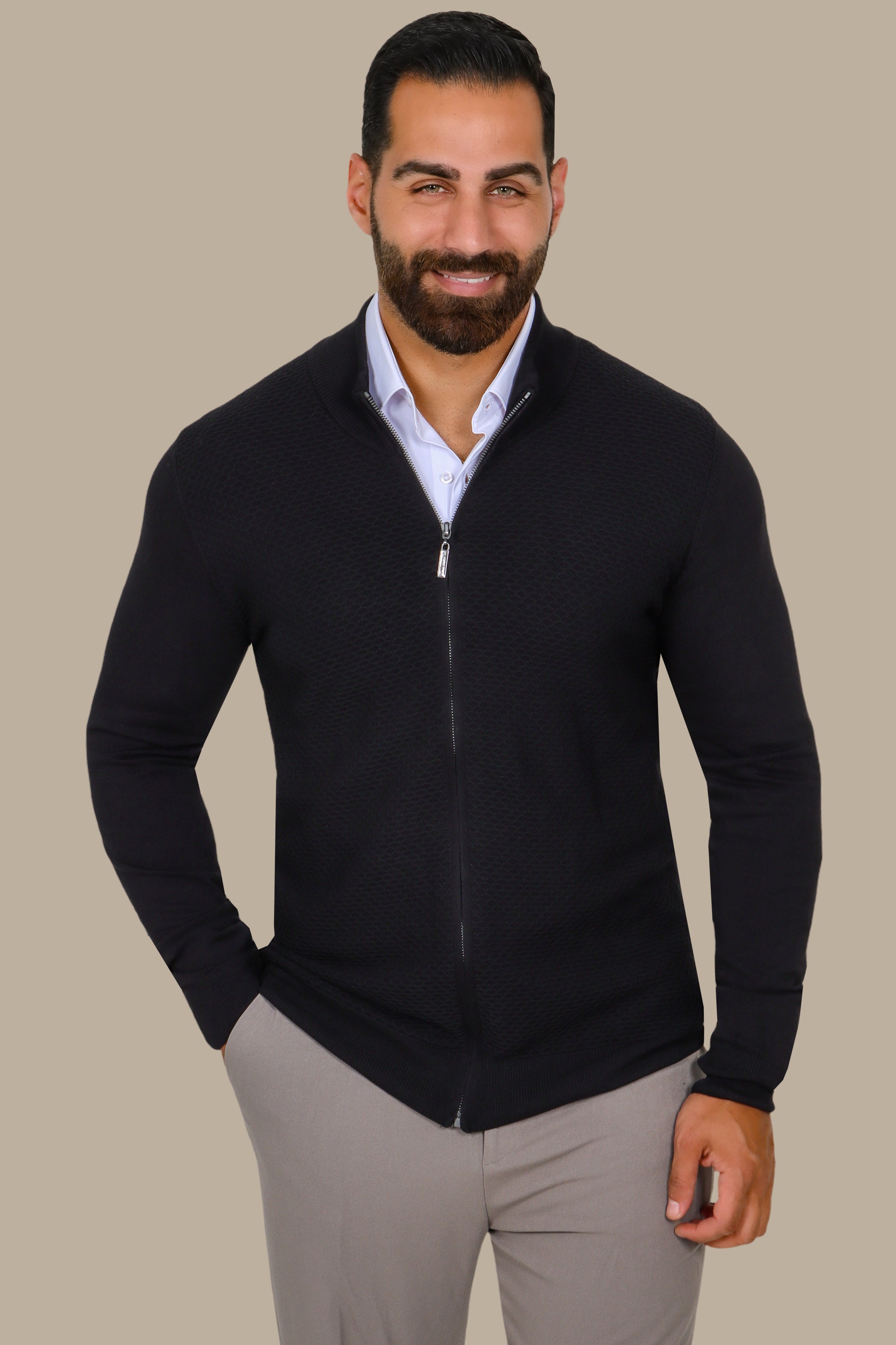 Black Full-Zip Cardigan with Honey Print