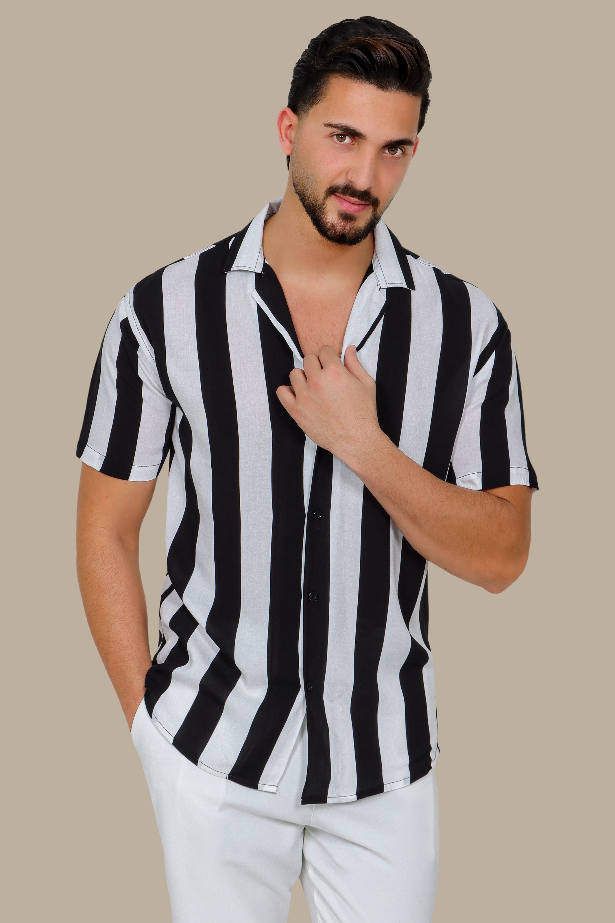 Striking Contrast: Black & White Striped Short-Sleeve Shirt
