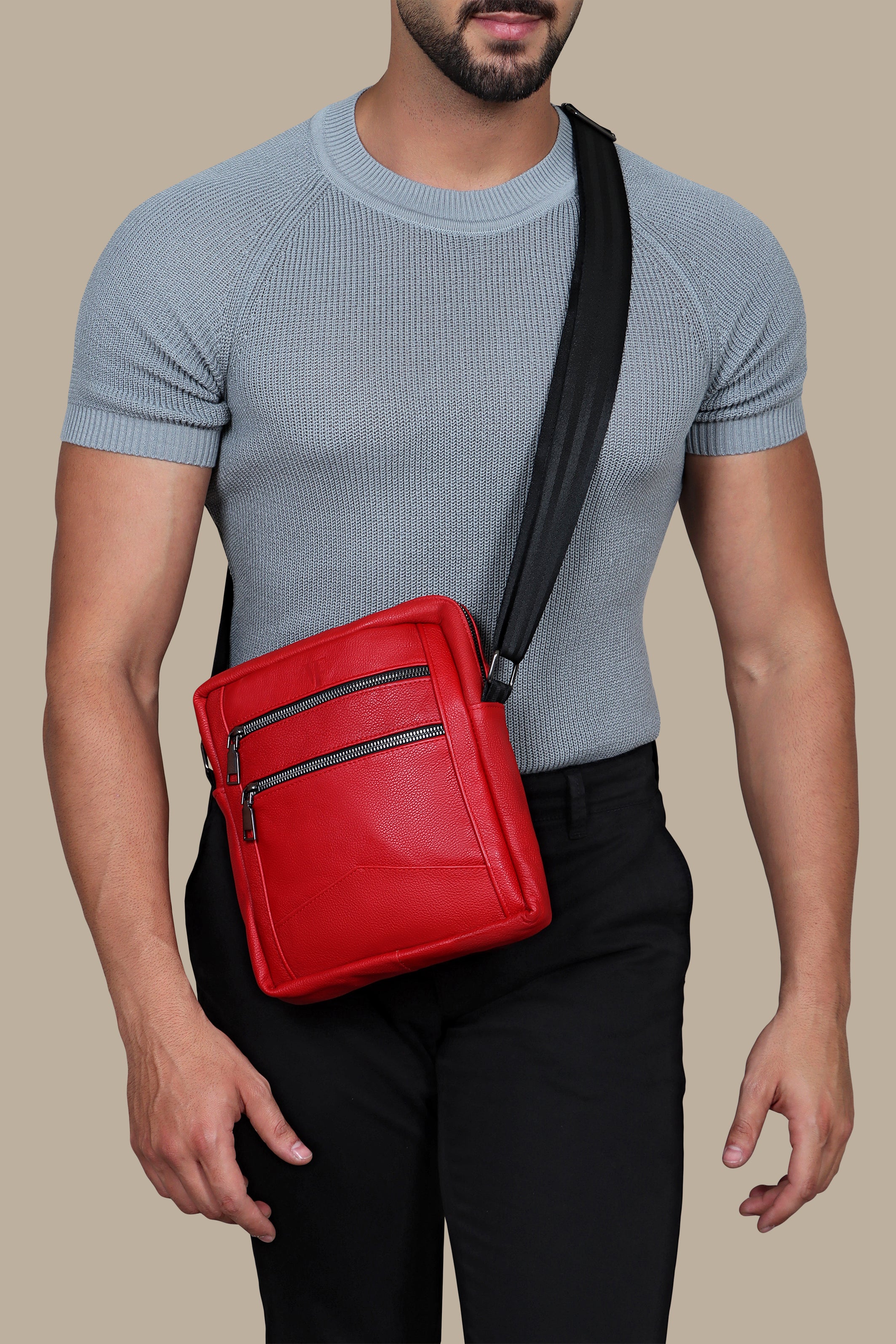 Red Elegance: Stylish Cross Bag with Back Zippers and Belt Accent